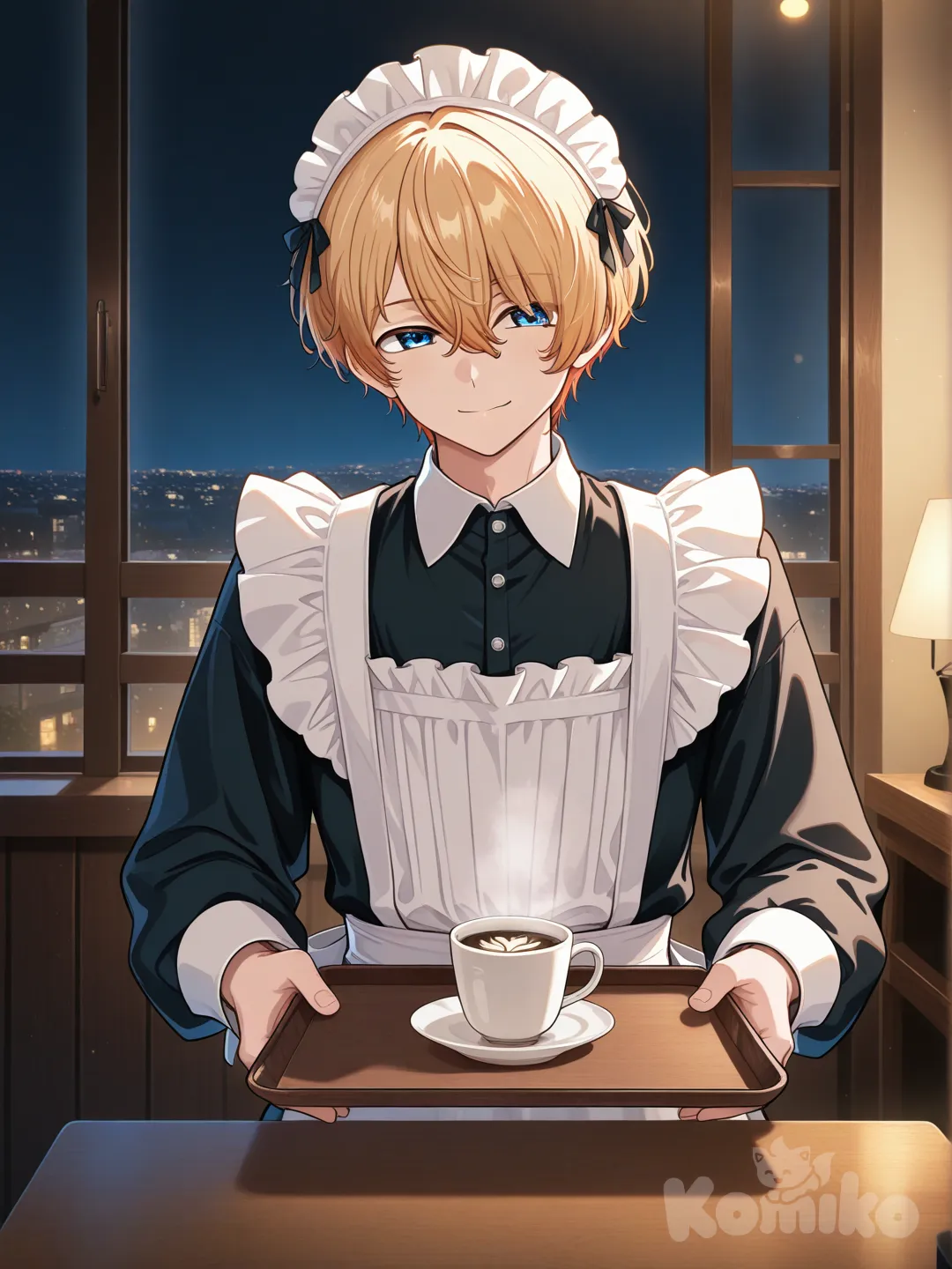 1boy, @Hoshino_Aquamarine, male maid, maid cap, smile, coffee, night