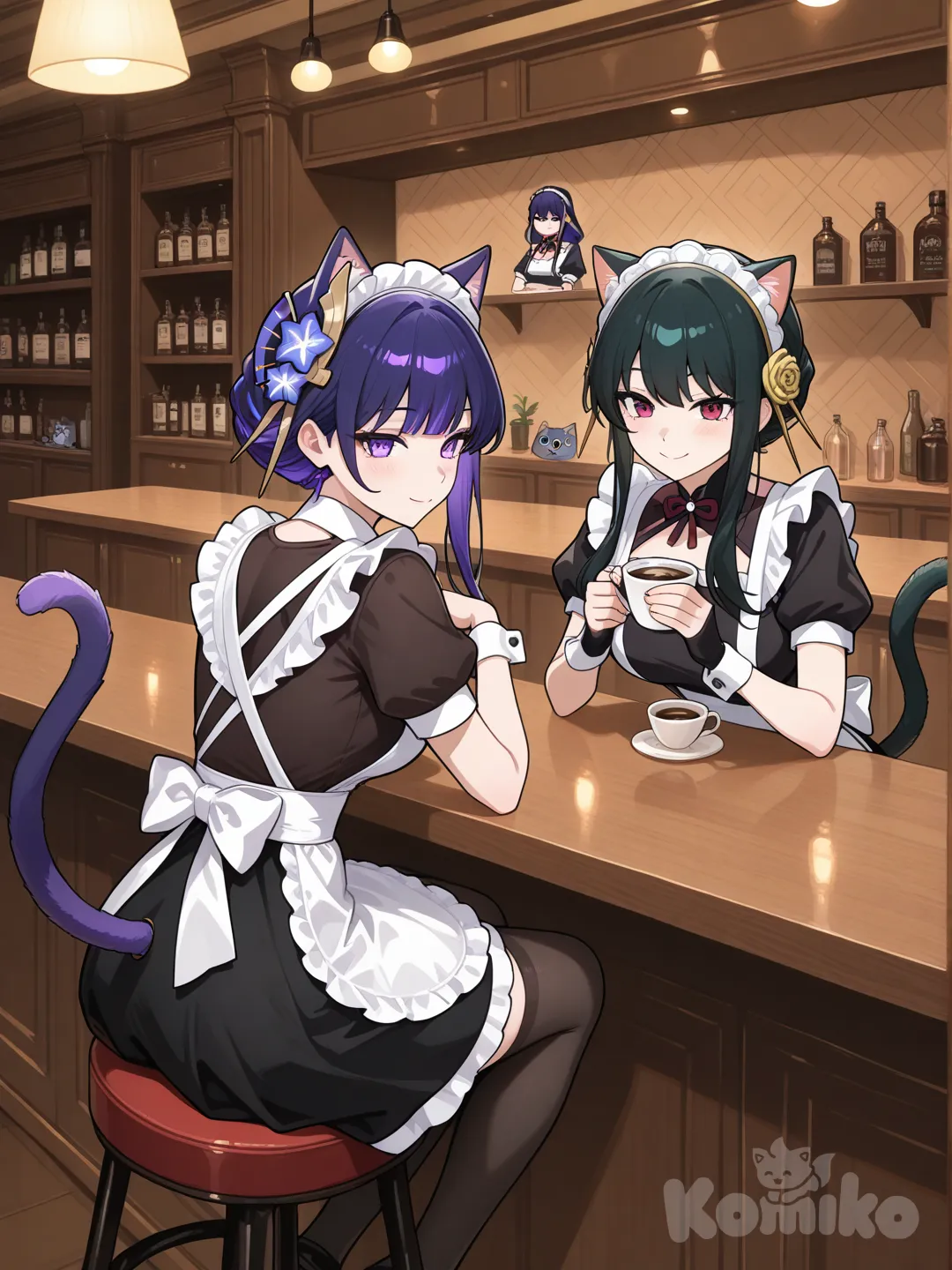 2girls, @Raiden_Shogun, @Yor_Briar, coffee, maid, smile, neko girl, bar (place)