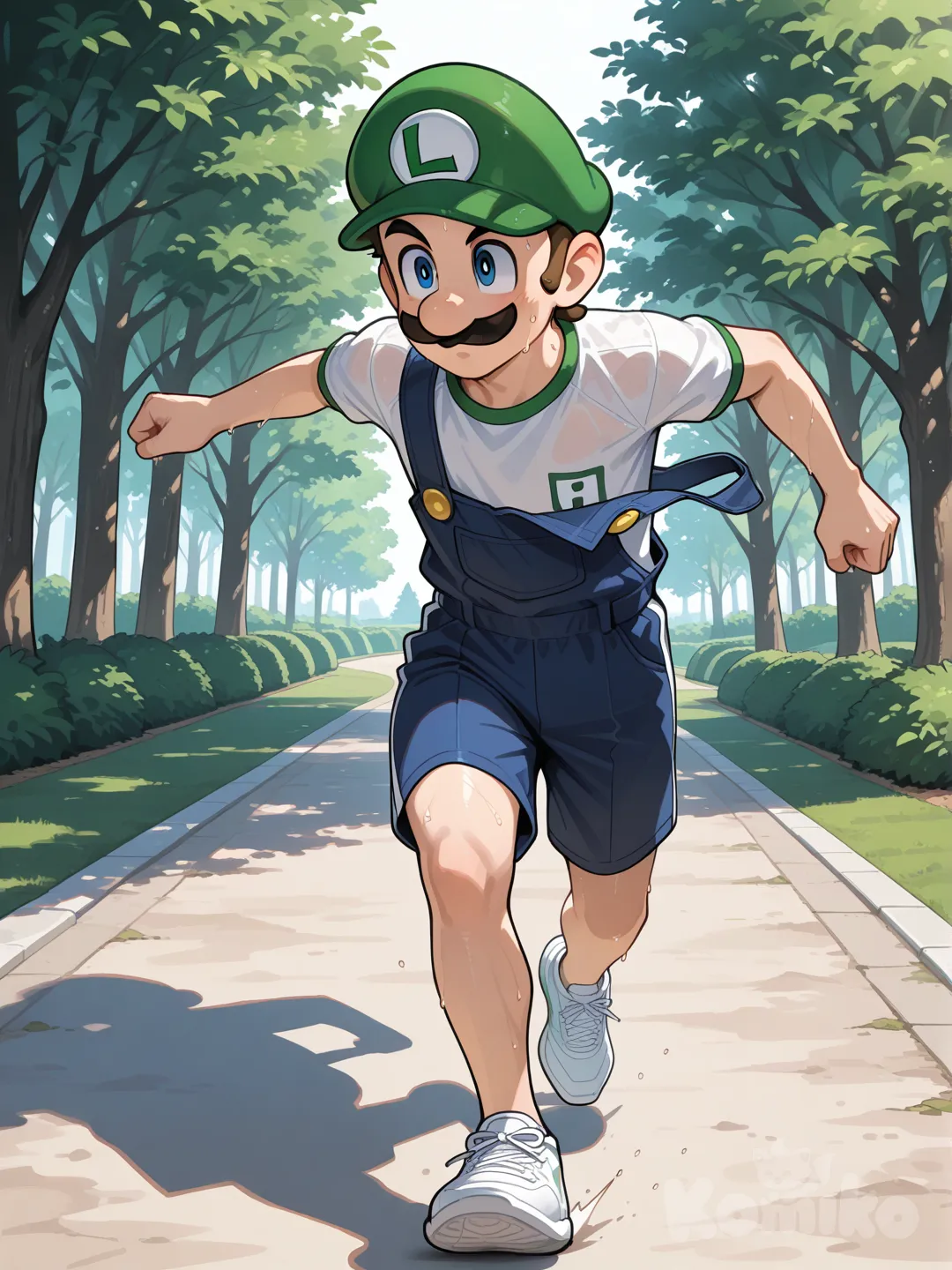 @Luigi, 1boy, gym shirt, running, park