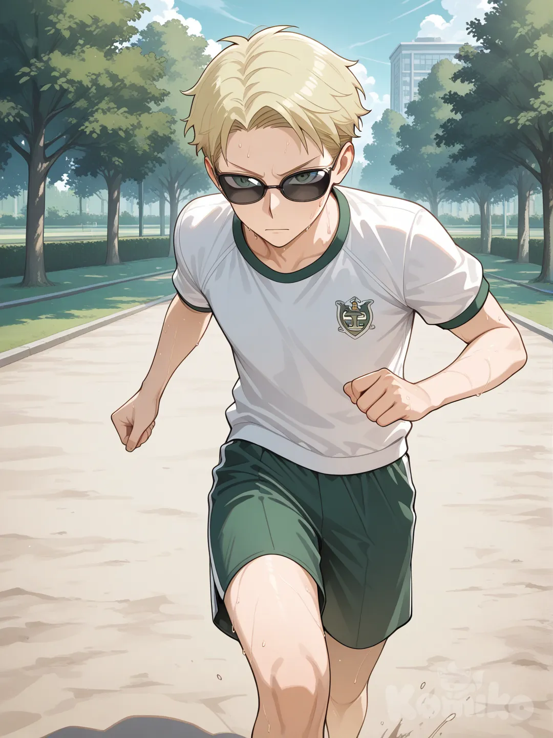 1boy, @Twilight_(Spy_X_Family), gym shirt, running, park, sunglasses