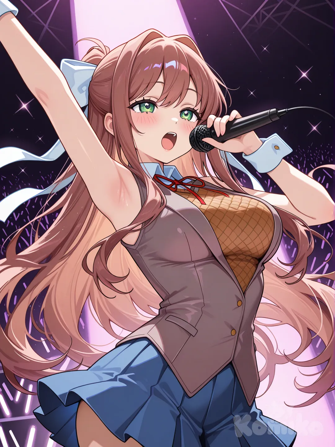 1girl, monika (doki doki literature club), hoshino ai (cosplay), large breasts, long hair, singing