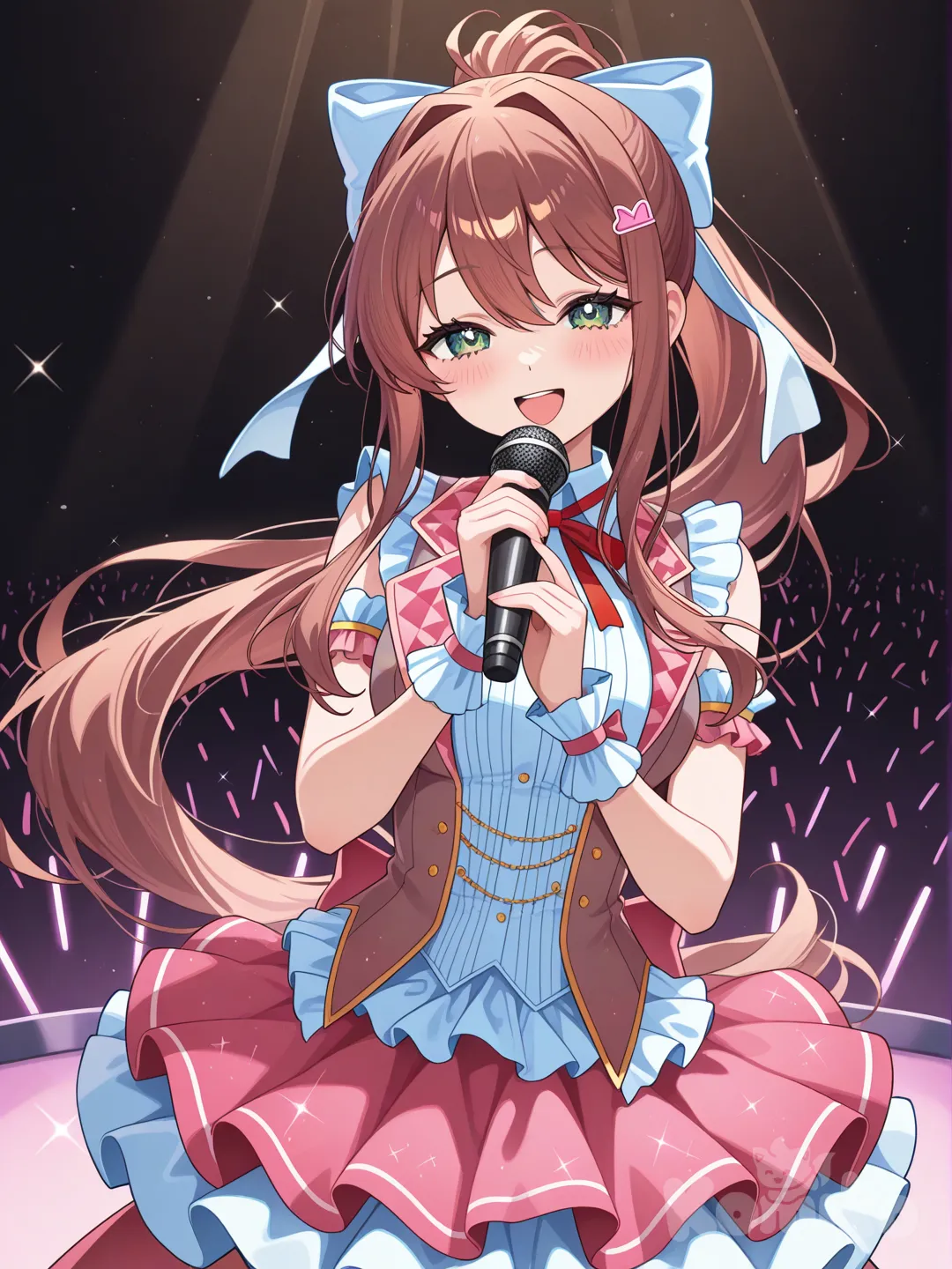 1girl, monika (doki doki literature club), hoshino ai (cosplay), smile, singing