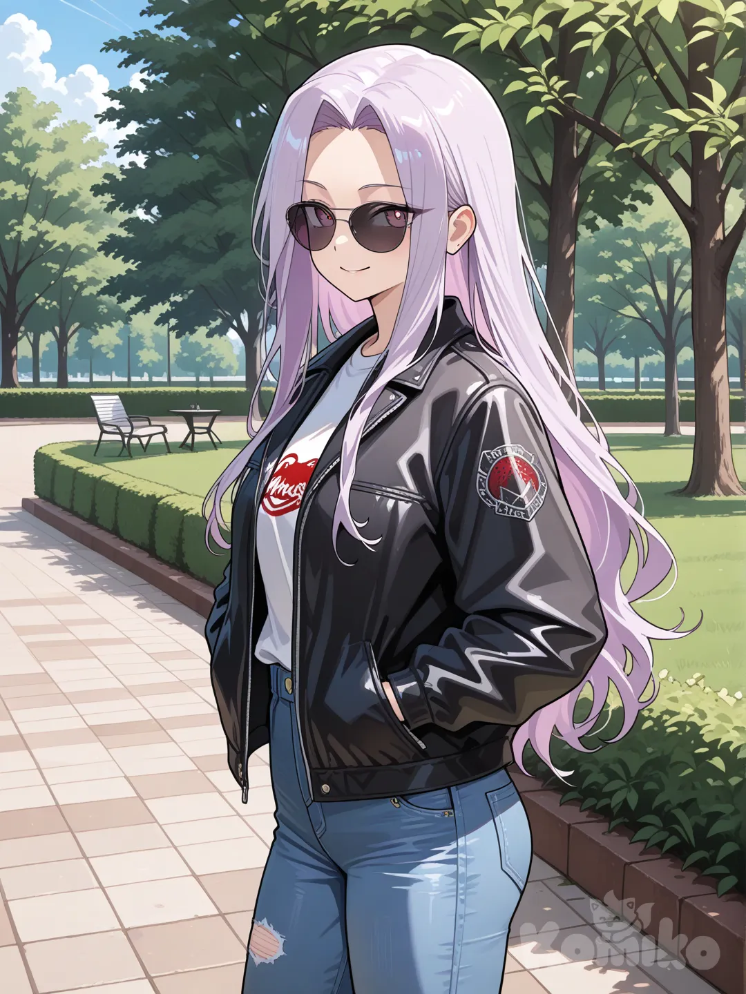 1girl, @Medusa_(Fate), sunglasses, black jacket, jeans, park, smile, long hair