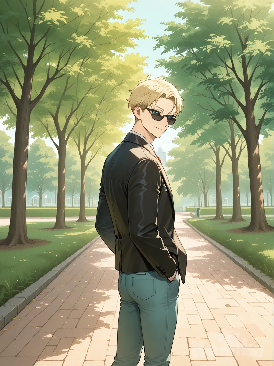 @Twilight_(Spy_X_Family), 1boy, sunglasses, black jacket, jeans, park, smile