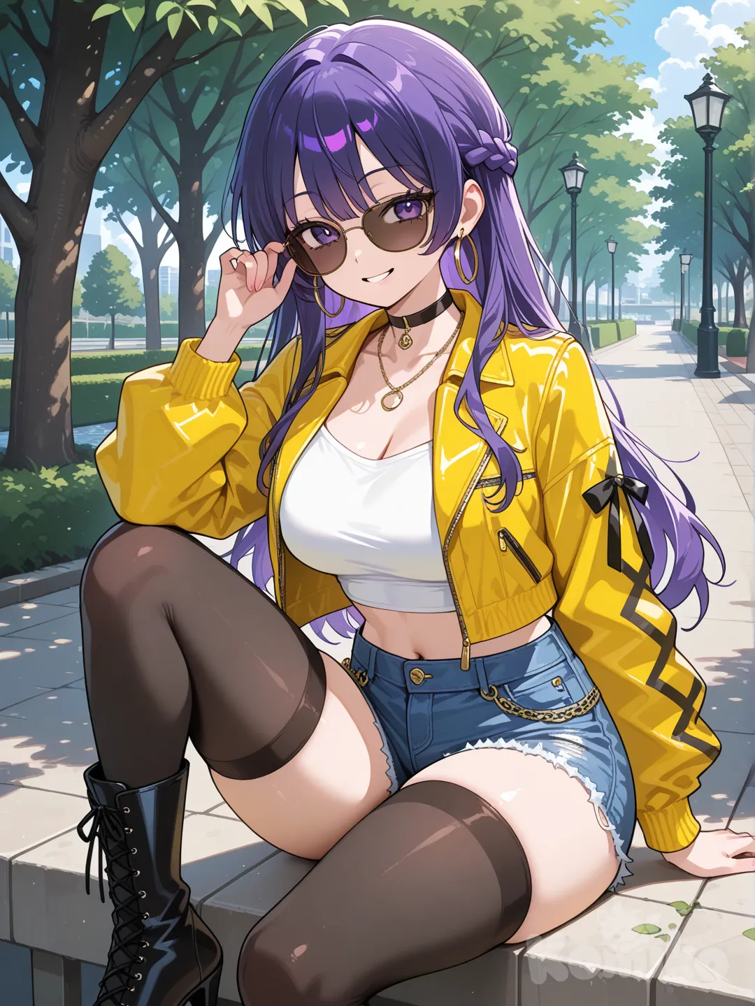 @Rumi, 1girl, sunglasses, park, smile