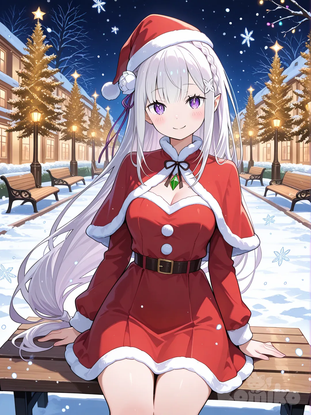 1girl, Emilia (Re:Zero), christmas park, smile, christmas dress, santa hat, snowing, night, looking at viewer, winter scenery, holiday theme