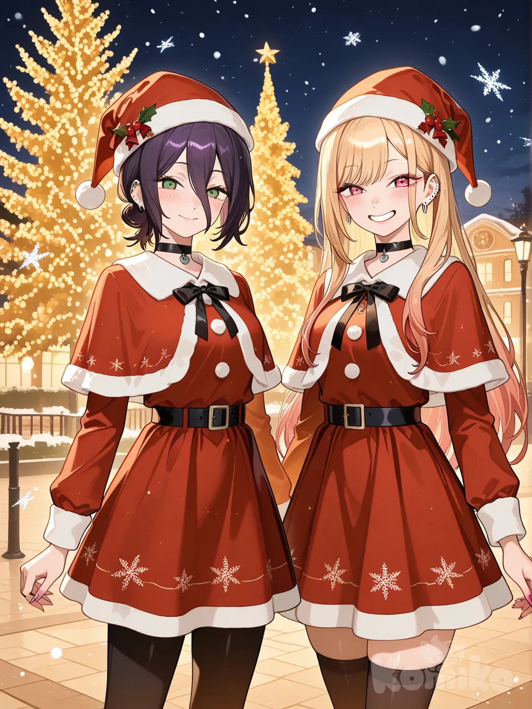 2girls, kitagawa marin, reze (chainsaw man), christmas park, smile, christmas dress, santa hat, snowing, night, looking at viewer, winter scenery, holiday theme, 2people