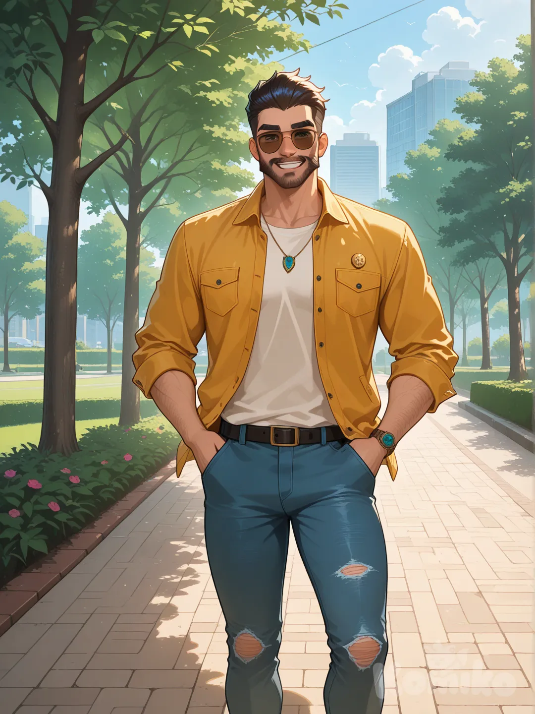 @Graves_(League_Of_Legends), 1boy`sunglasses, park, smile, jeans, casual
