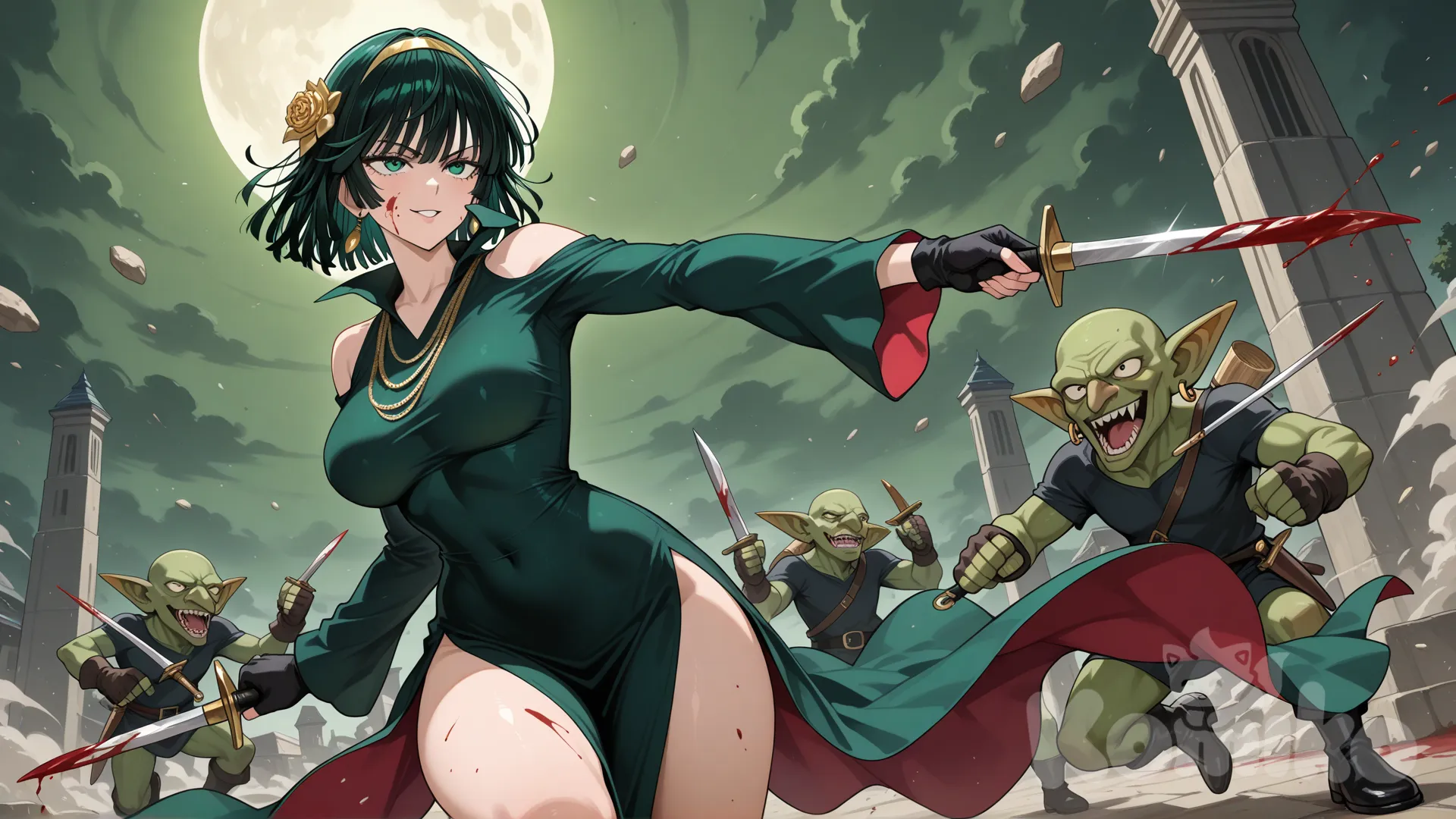 1girl, Fubuki (One-Punch Man), gloves, dress, thighs, stiletto (weapon), sweater, holding dagger, weapon, earrings, flower, hair flower, two-sided dress, short hair with long locks, blood on weapon, rose, holding weapon, blood on face, dual wielding, two-sided fabric, fingerless gloves, dagger, gold earrings, knife, sidelocks, holding, gold hairband, holding knife, hair ornament, off-shoulder sweater, hairband, jewelry, smile, battle with goblin, fights with goblin
