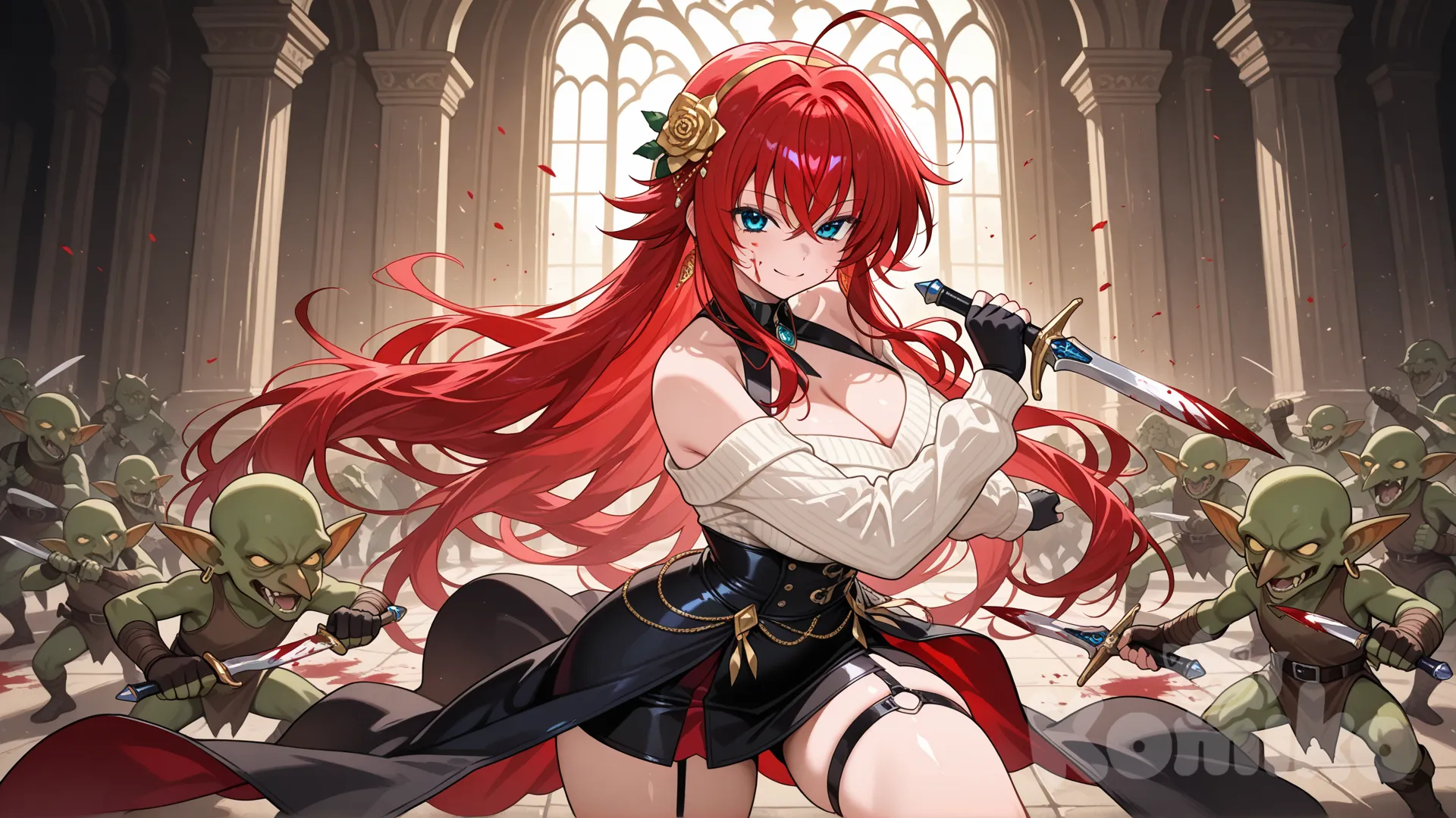 1girl, rias gremory, gloves, dress, thighs, stiletto (weapon), sweater, holding dagger, weapon, earrings, flower, hair flower, two-sided dress, short hair with long locks, blood on weapon, rose, holding weapon, blood on face, dual wielding, two-sided fabric, fingerless gloves, dagger, gold earrings, knife, sidelocks, holding, gold hairband, holding knife, hair ornament, off-shoulder sweater, hairband, jewelry, smile, battle with goblin, fights with goblin
