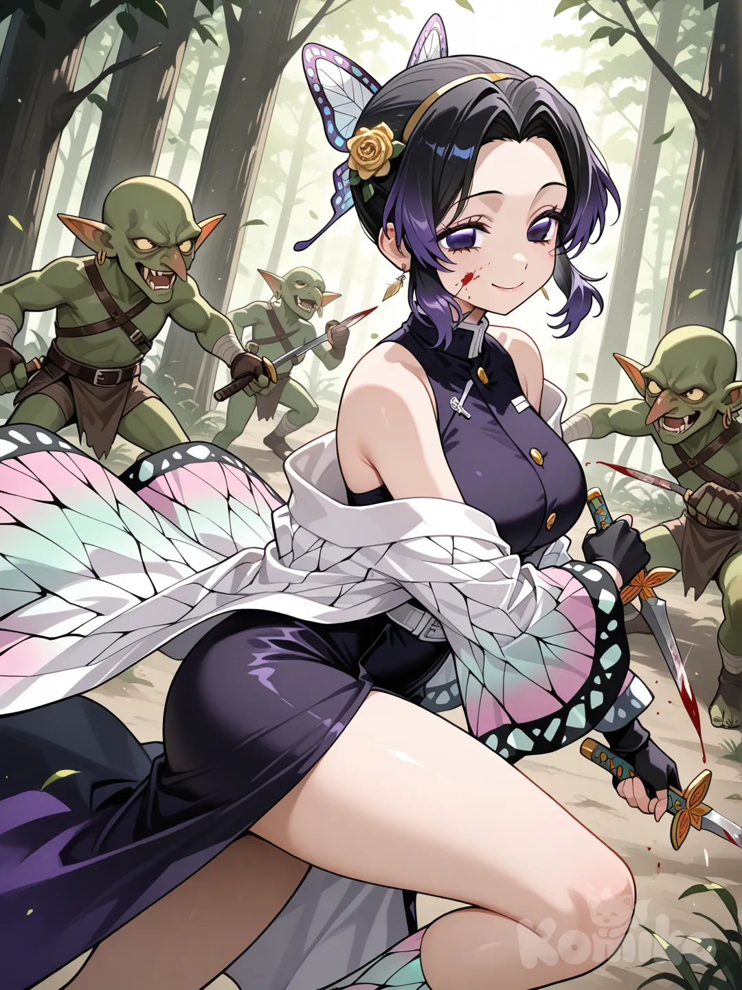 1girl, Kochou Shinobu, gloves, dress, thighs, stiletto (weapon), sweater, holding dagger, weapon, earrings, flower, hair flower, two-sided dress, short hair with long locks, blood on weapon, rose, holding weapon, blood on face, dual wielding, two-sided fabric, fingerless gloves, dagger, gold earrings, knife, sidelocks, holding, gold hairband, holding knife, hair ornament, off-shoulder sweater, hairband, jewelry, smile, battle with goblin, fights with goblin