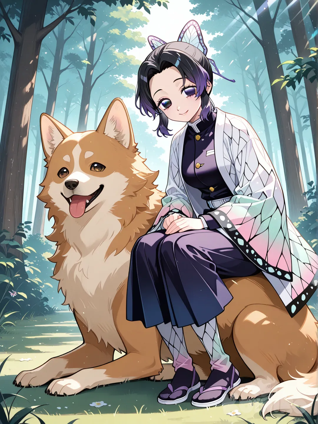 1girl, Kochou Shinobu, sitting on dog, smile, forest