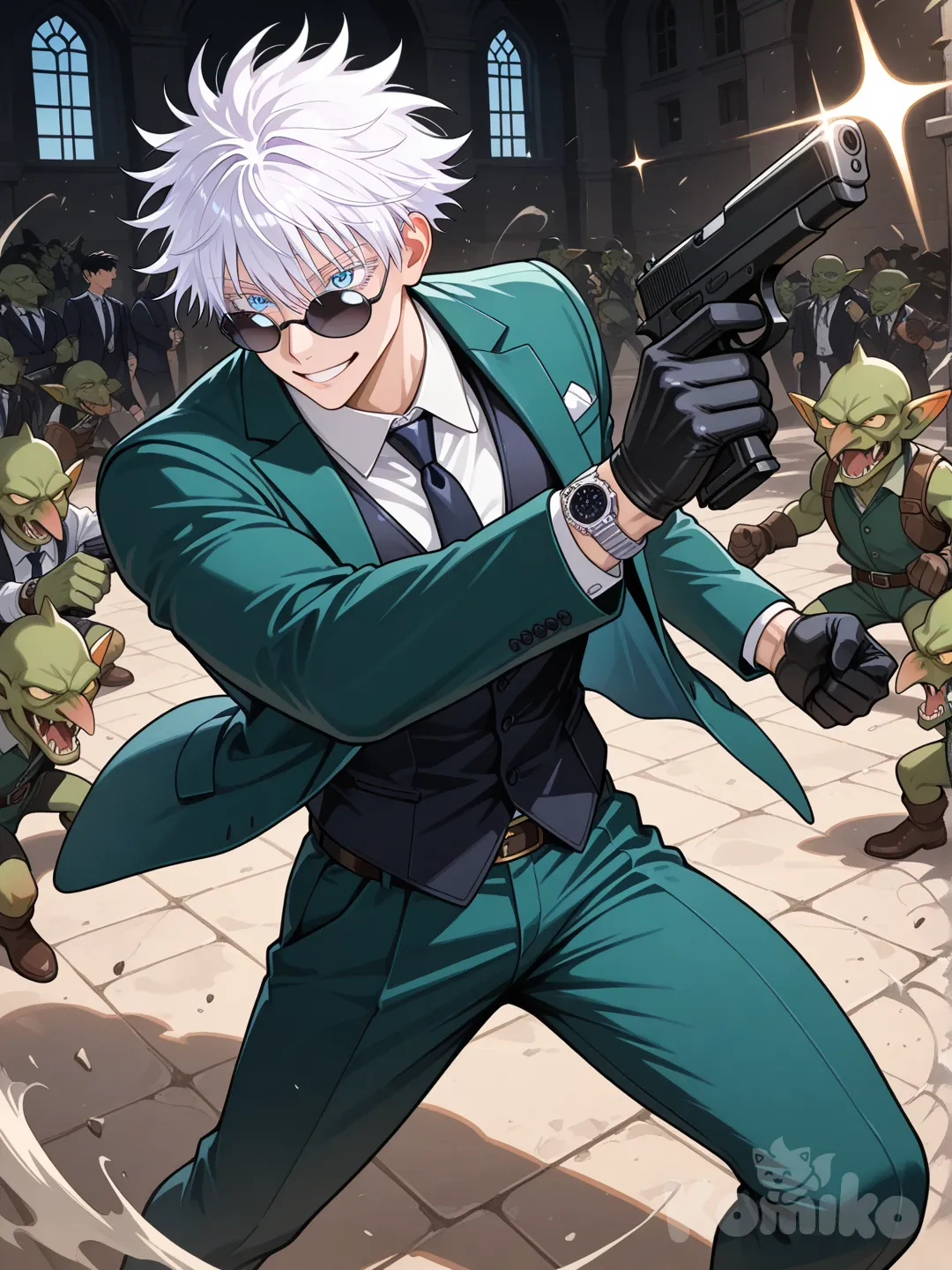 1boy, Gojou Satoru, long sleeves, necktie, green jacket, abs, jacket, holding, suit, vest, shirt, collared shirt, male focus, suit jacket, short hair, open jacket, weapon, handgun, wristwatch, watch, holding weapon, gloves, waistcoat, holding gun, gun, alternate muscle size, smile, battle with goblin, fights with goblin