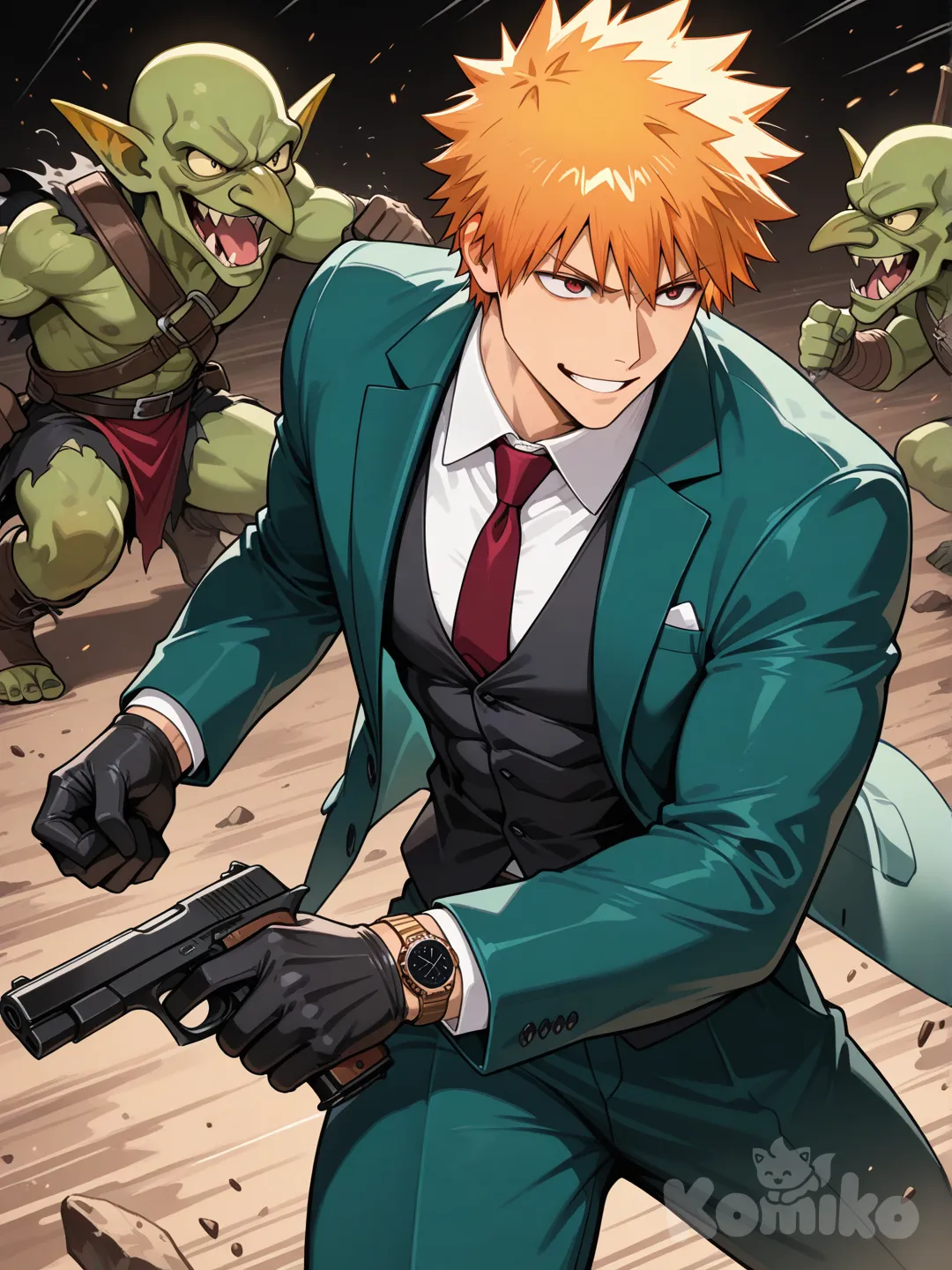 1boy, kurosaki ichigo, long sleeves, necktie, green jacket, abs, jacket, holding, suit, vest, shirt, collared shirt, male focus, suit jacket, short hair, open jacket, weapon, handgun, wristwatch, watch, holding weapon, gloves, waistcoat, holding gun, gun, alternate muscle size, smile, battle with goblin, fights with goblin