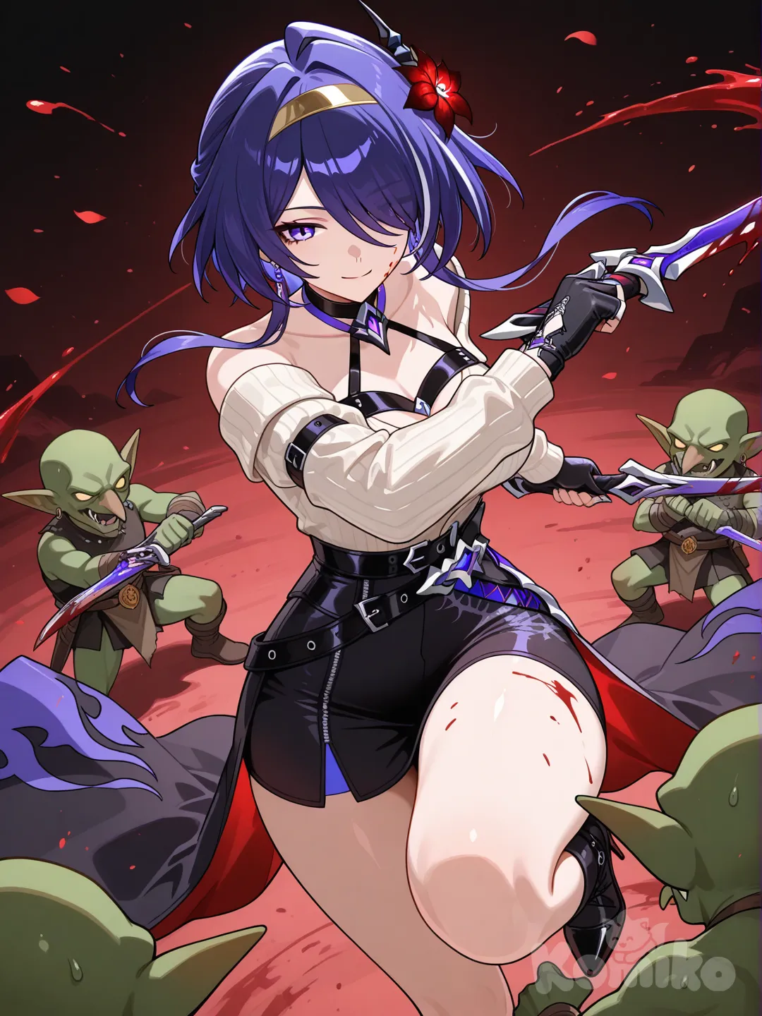 @Acheron_(Honkai:Star_Rail), 1girl, gloves, dress, thighs, stiletto (weapon), sweater, holding dagger, weapon, earrings, flower, hair flower, two-sided dress, short hair with long locks, blood on weapon, rose, holding weapon, blood on face, dual wielding, two-sided fabric, fingerless gloves, dagger, gold earrings, knife, sidelocks, holding, gold hairband, holding knife, hair ornament, off-shoulder sweater, hairband, jewelry, smile, battle with goblin, fights with goblin