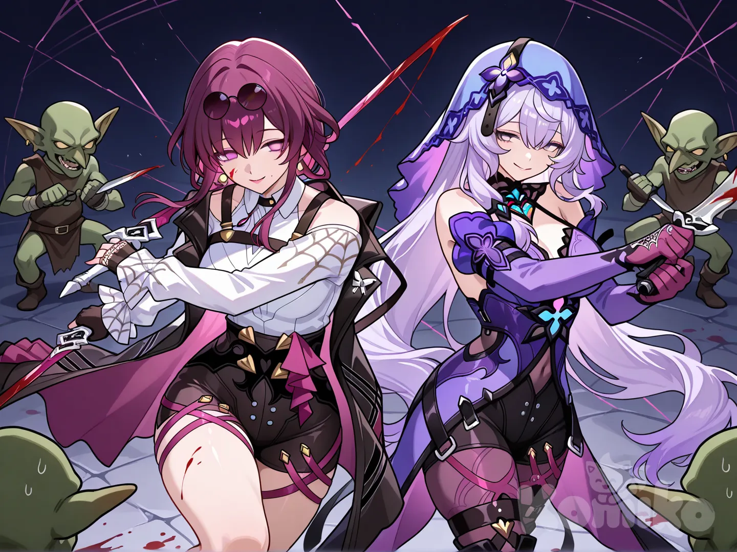 Black Swan (Honkai:Star Rail), Kafka (Honkai:Star Rail), 2girls, 2people, gloves, dress, thighs, stiletto (weapon), sweater, holding dagger, weapon, earrings, flower, hair flower, two-sided dress, short hair with long locks, blood on weapon, rose, holding weapon, blood on face, dual wielding, two-sided fabric, fingerless gloves, dagger, gold earrings, knife, sidelocks, holding, gold hairband, holding knife, hair ornament, off-shoulder sweater, hairband, jewelry, smile, battle with goblin, fights with goblin