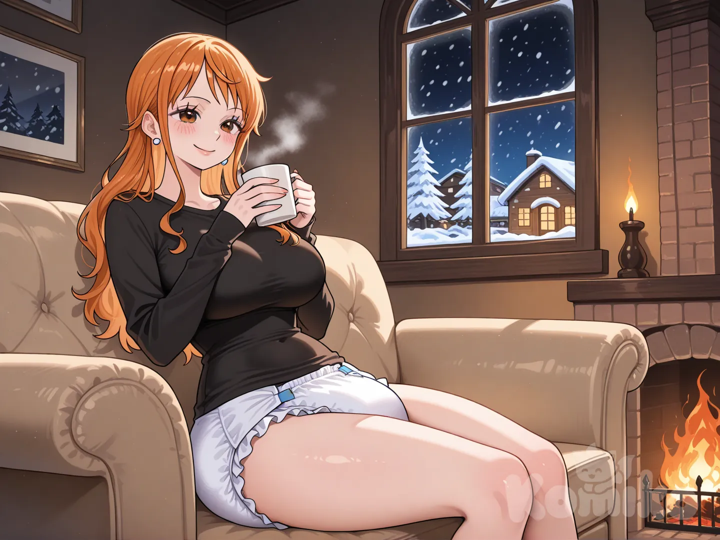 Nami_(One_Piece), 1girl, large breasts, adult, smile, black shirt, full diaper, night, house, snowing, fire, hot on house, sitting on couch, having coffee