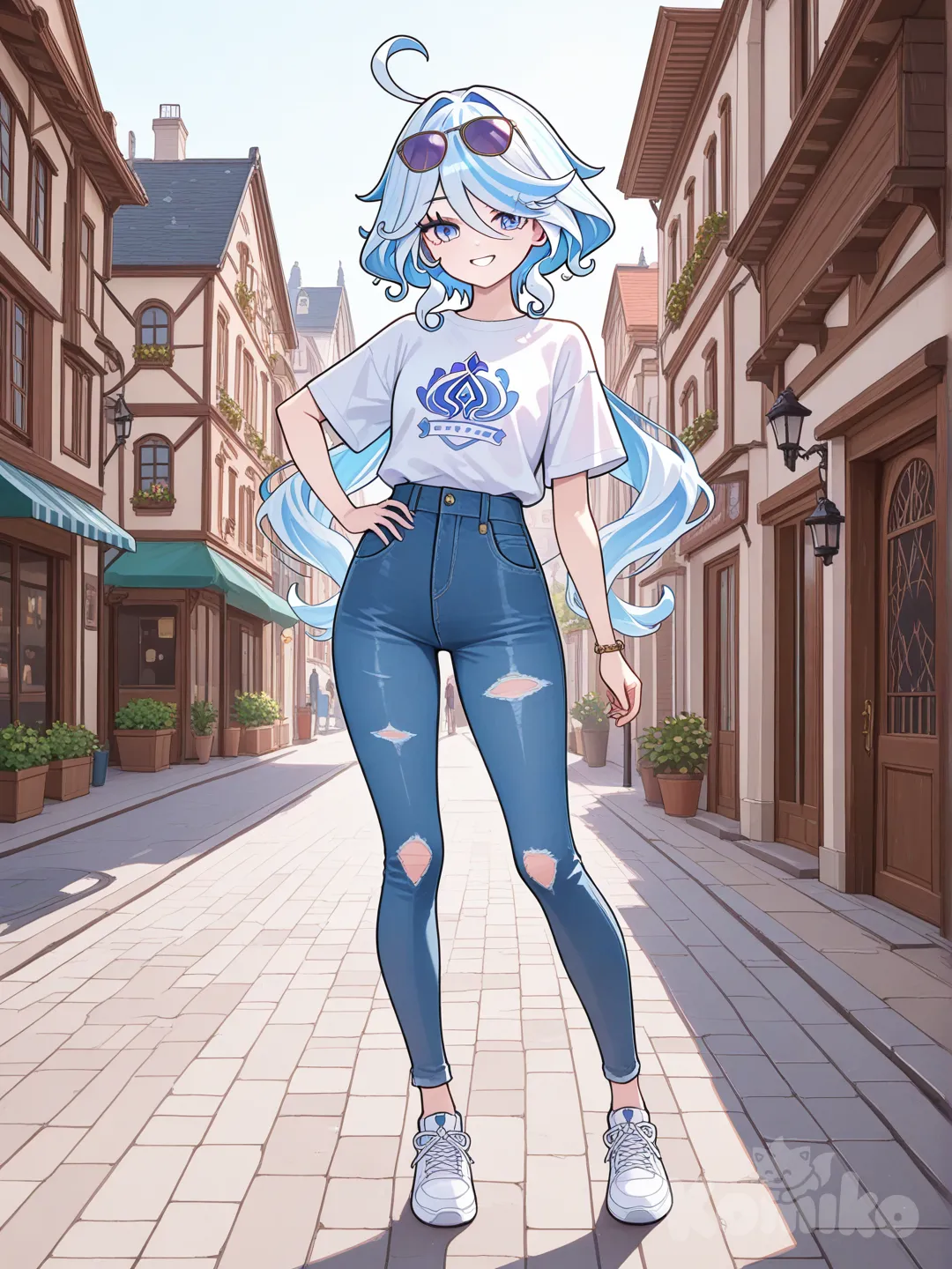 @Furina_(Genshin_Impact), 1girl, sunglasses, town, jeans, casual, smile