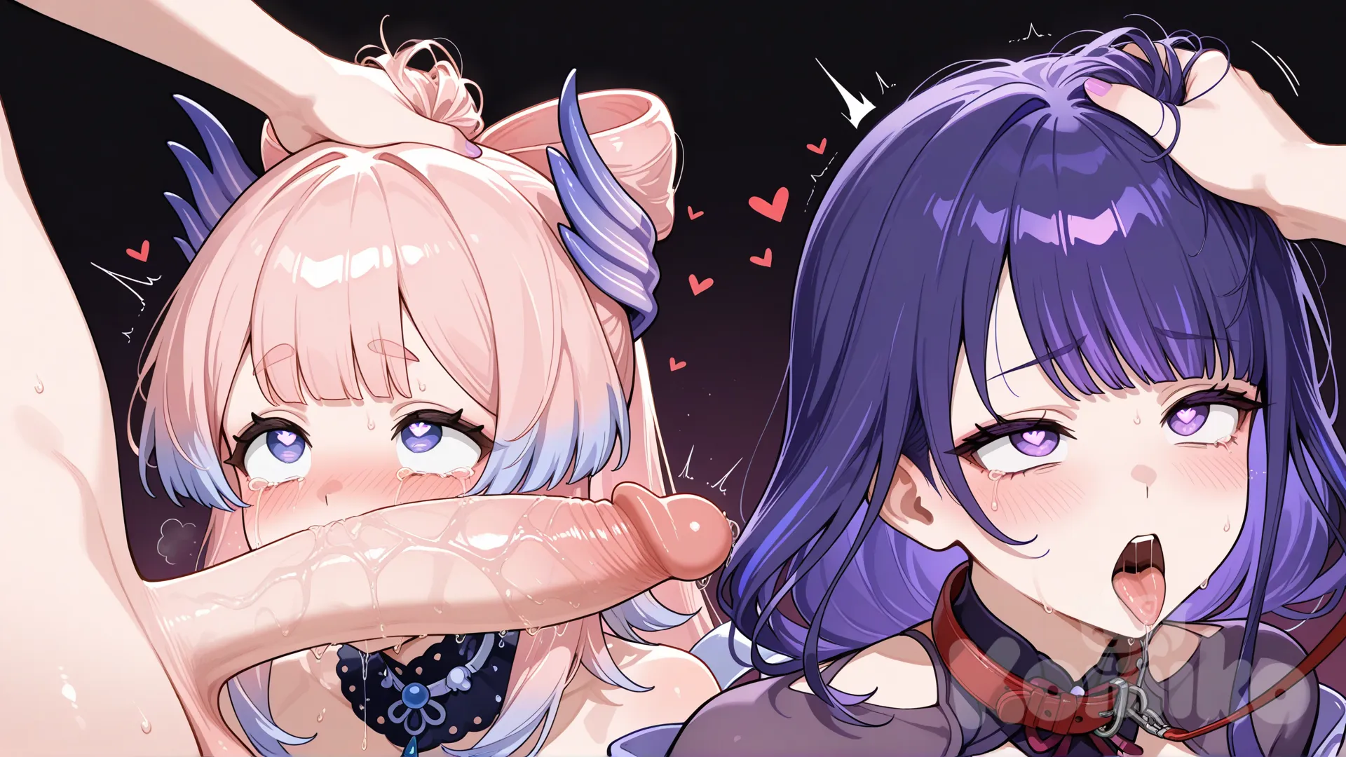 sangonomiya kokomi, 2girls, fellatio, cryig, leash, shocked, heart-shaped pupils, ass ripple, cock_awe, cock shock, cock_in_face, looking at another, torn clothes, raiden shogun, large penis, futanari, dominant futa, grabbing hair, hair grab, head grab