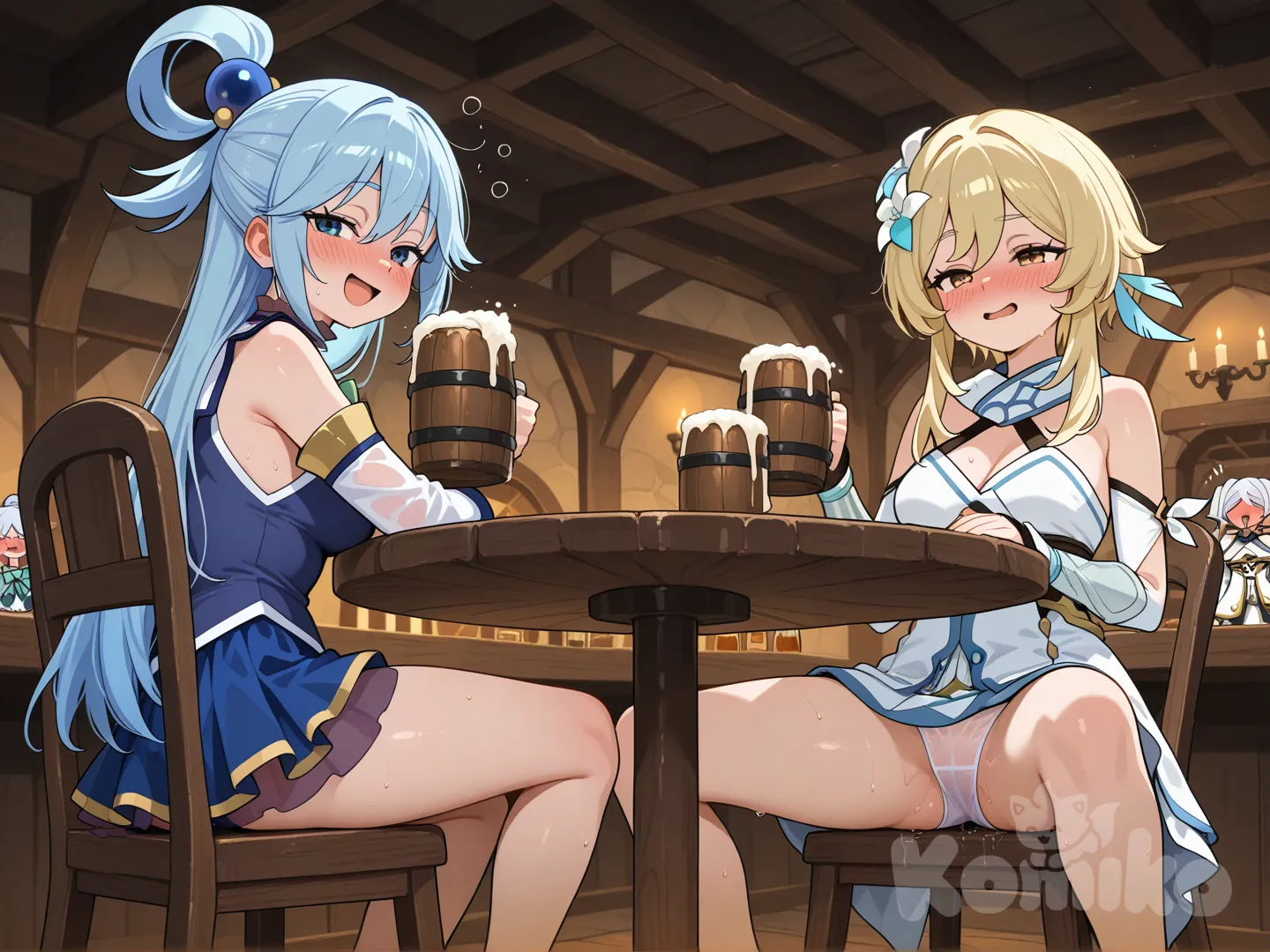 in tavern, 3girls, múltiple girls, Aqua_(konosuba), Frieren, Lumine_(genshin impact), open legs, wet panties, transparent panties, drunk,drinking beer, beer jars, sitting in chairs