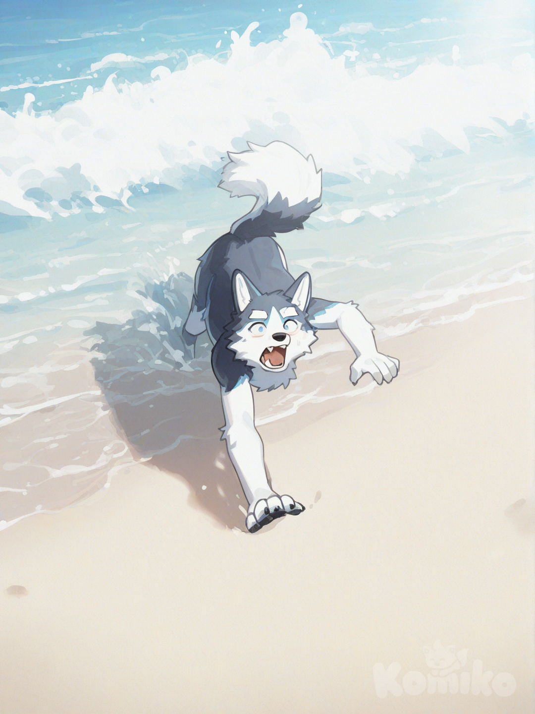 [soft-furry-style], furry male, Siberian Husky, about to trip and fall on the beach, shocked