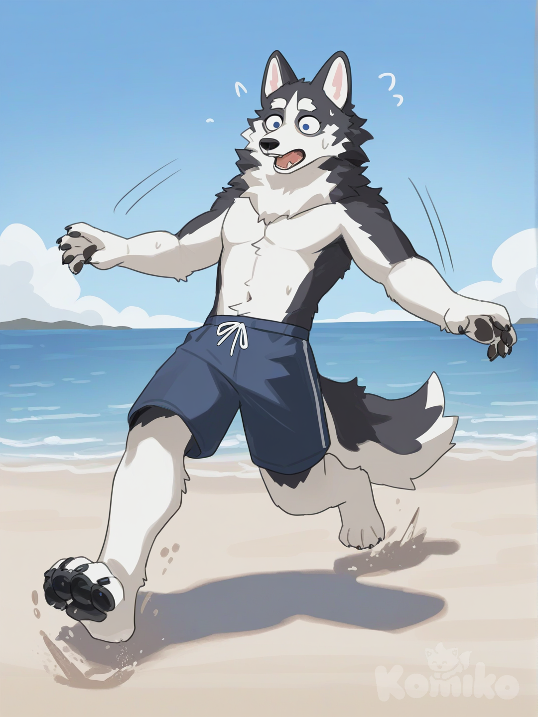[soft-furry-style], furry male, Siberian Husky, about to trip and fall on the beach, shocked, swim trunks