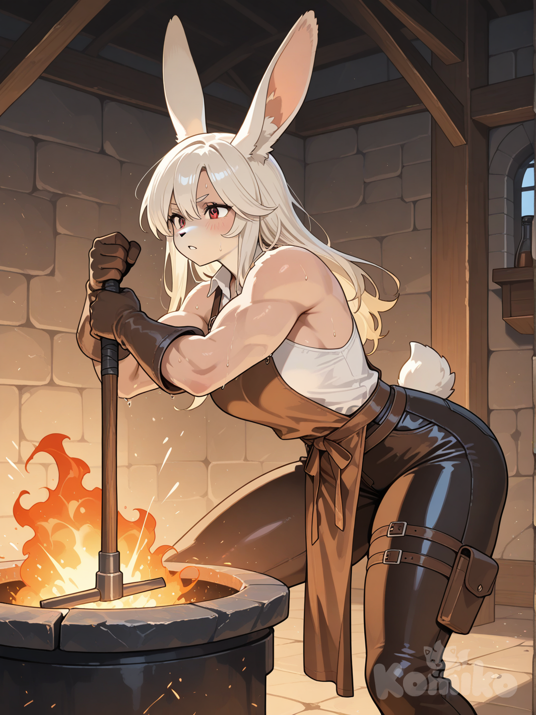 furry female, Rabbit, Blacksmith uniform, Middle Ages, working