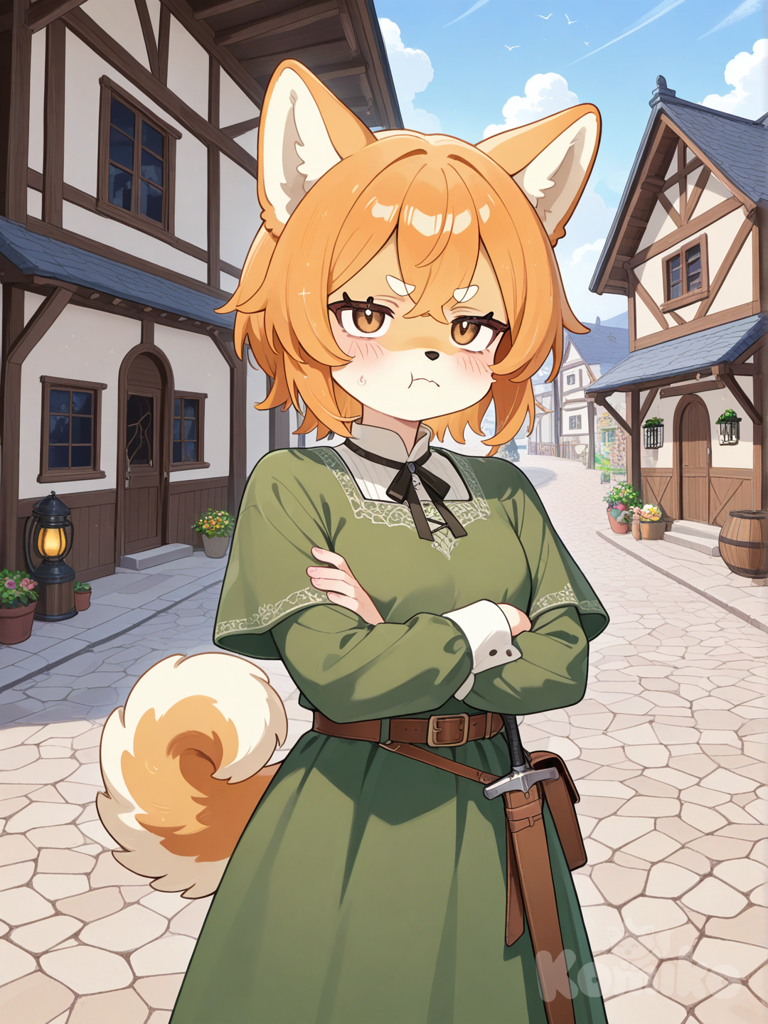 furry female, shiba inu, Medieval Village,She looked irritated,puffed-out cheeks while sulking