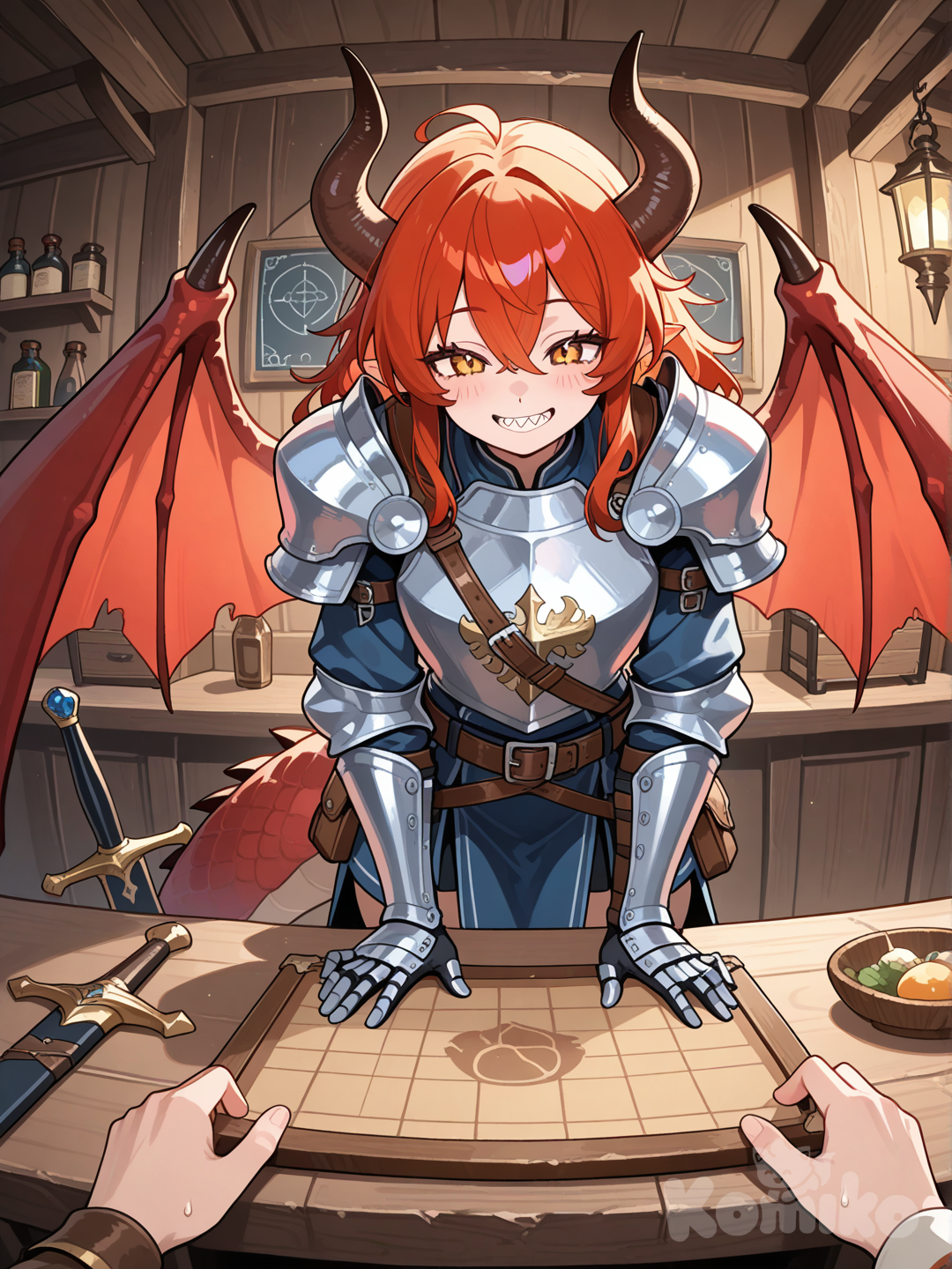furry female, red dragon, warrior, In the Adventurer's Guild,She chatted happily with the guild staff.