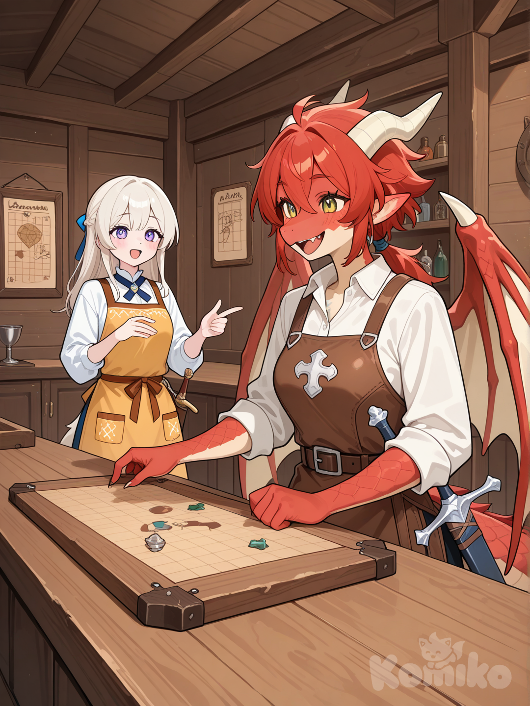 furry ,furry female, red dragon, warrior,She chatted happily with the female staff member at the Adventurer's Guild.