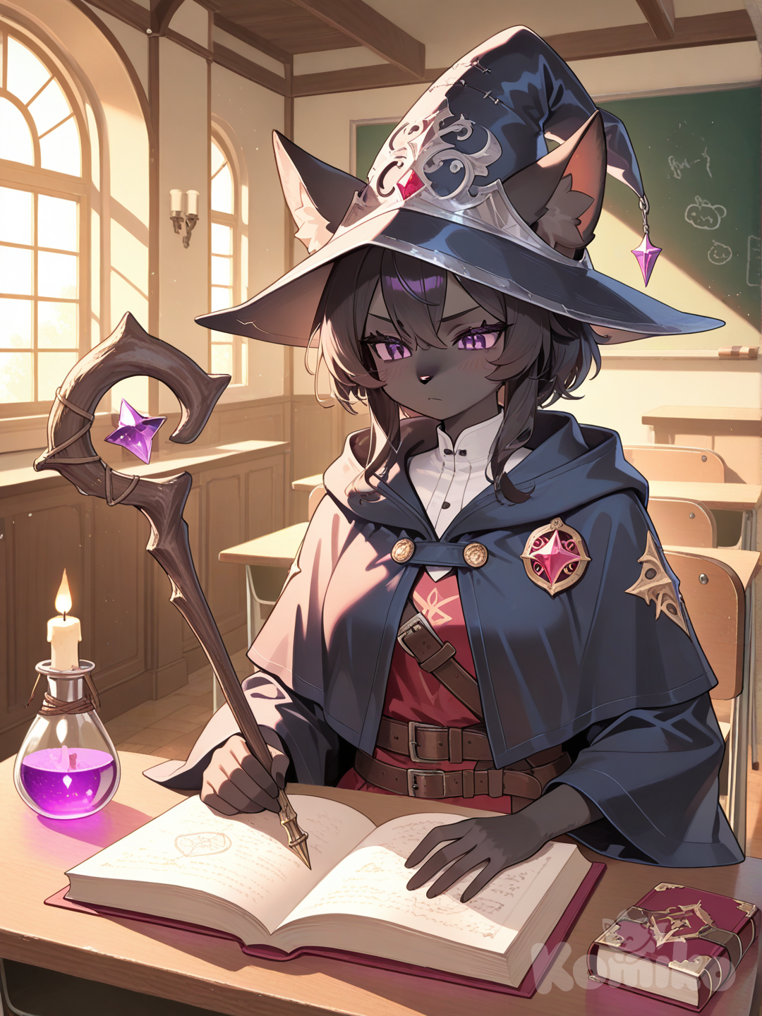 furry female, cat, Black fur,Apprentice Mage, Medieval, classroom, She is studying hard..............=w=?