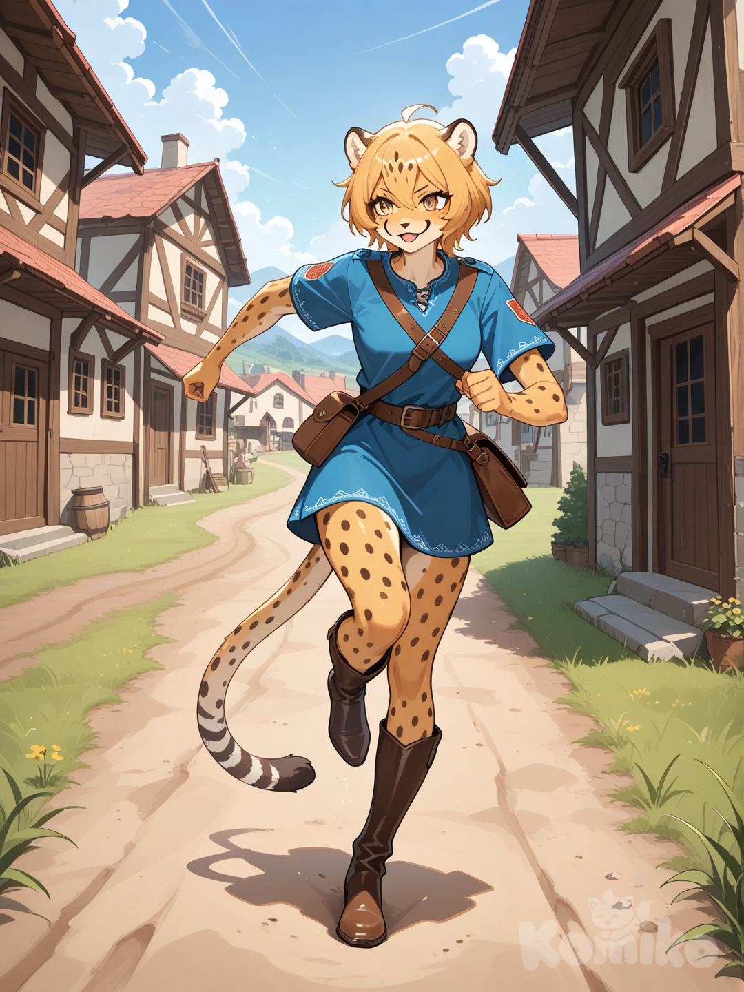 furry female, Cheetah,Mailman (Medieval period),Running a mail delivery, village