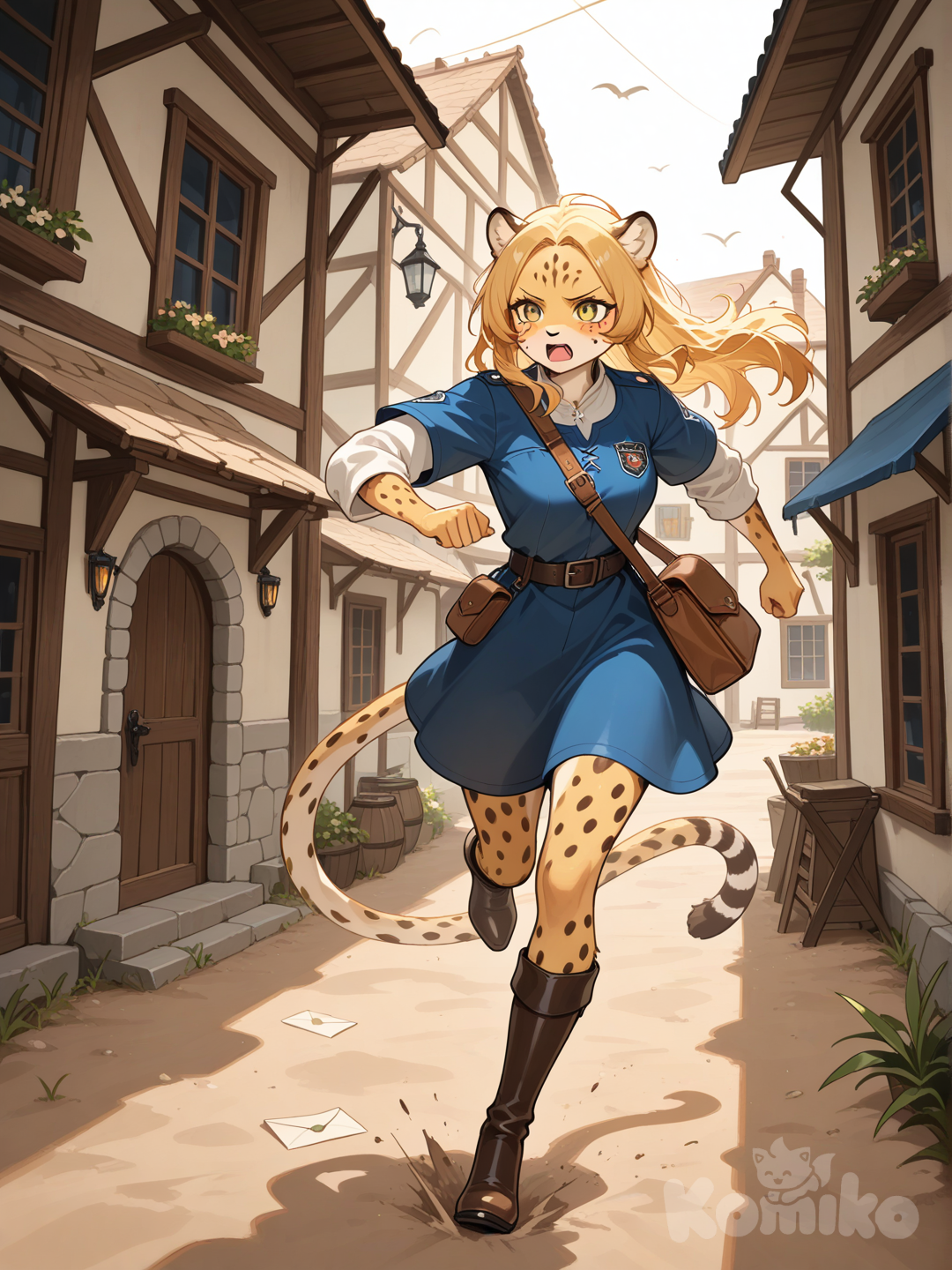 furry female, Cheetah,Mailman (Medieval period),Running a mail delivery, village