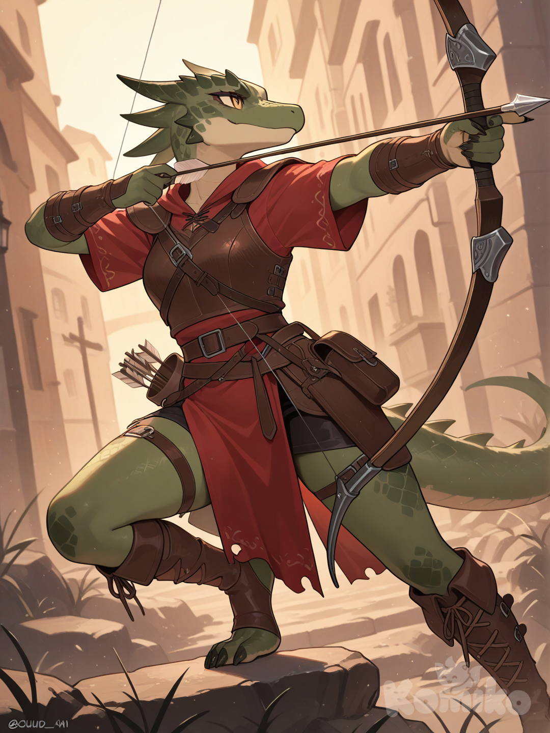 furry female, lizard, practicing archery,Medieval period, looking away