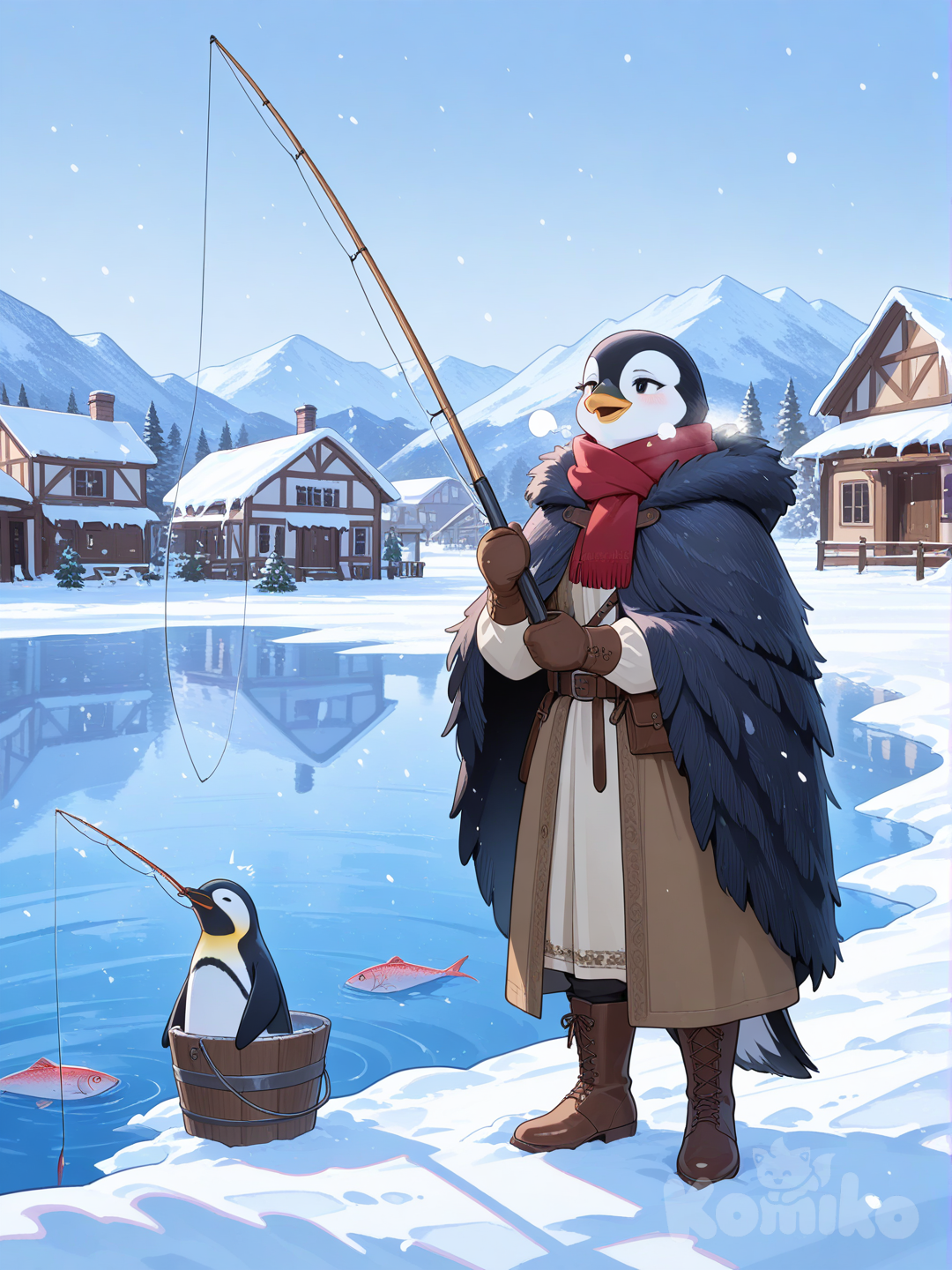 furry female, penguin, Northern cities, Medieval period, snowed, Fisherman,I was fishing in the lake near town.