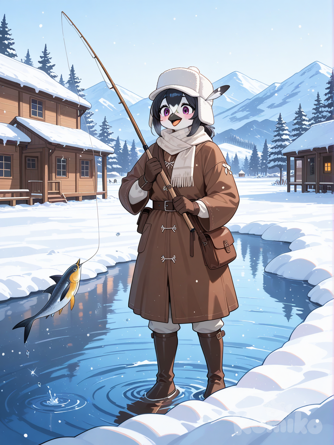 furry female, penguin, Northern cities, Medieval period, snowed, Fisherman,I was fishing in the lake near town.
