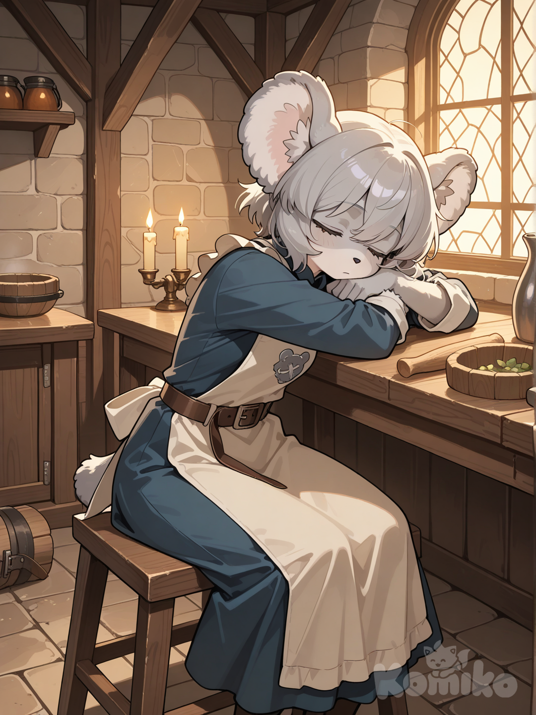 furry female, koala, sleeping in a sitting position, is preparing herbs for medicine., Medieval period
