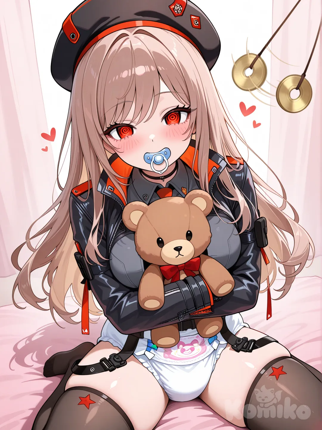 NSFW, diaper, pacifier in mouth, uncensored, happy, teddy bear, hypnosis, Rapi (Nikke)