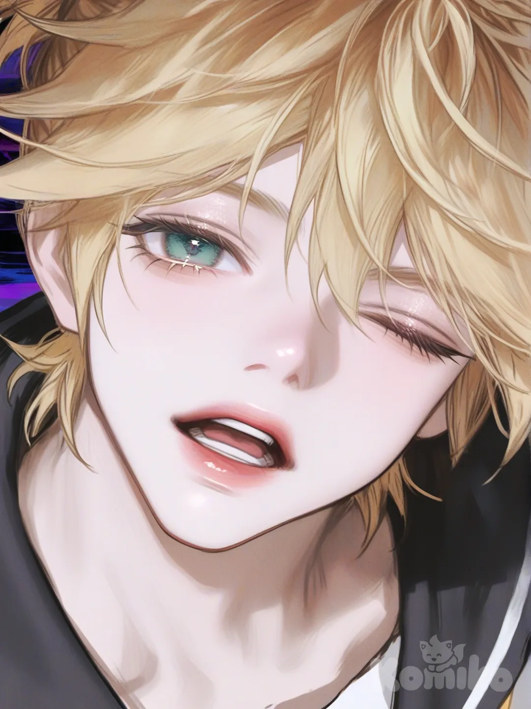 Kagamine Len , head tilt, open mouth, one eye closed, looking at viewer, front profile photo, perspective, dynamic pose, pose, wide shot, angle, above view, dynamic background, colour background, ambient light, cinematic lighting, [semi-realistic-portrait-style]