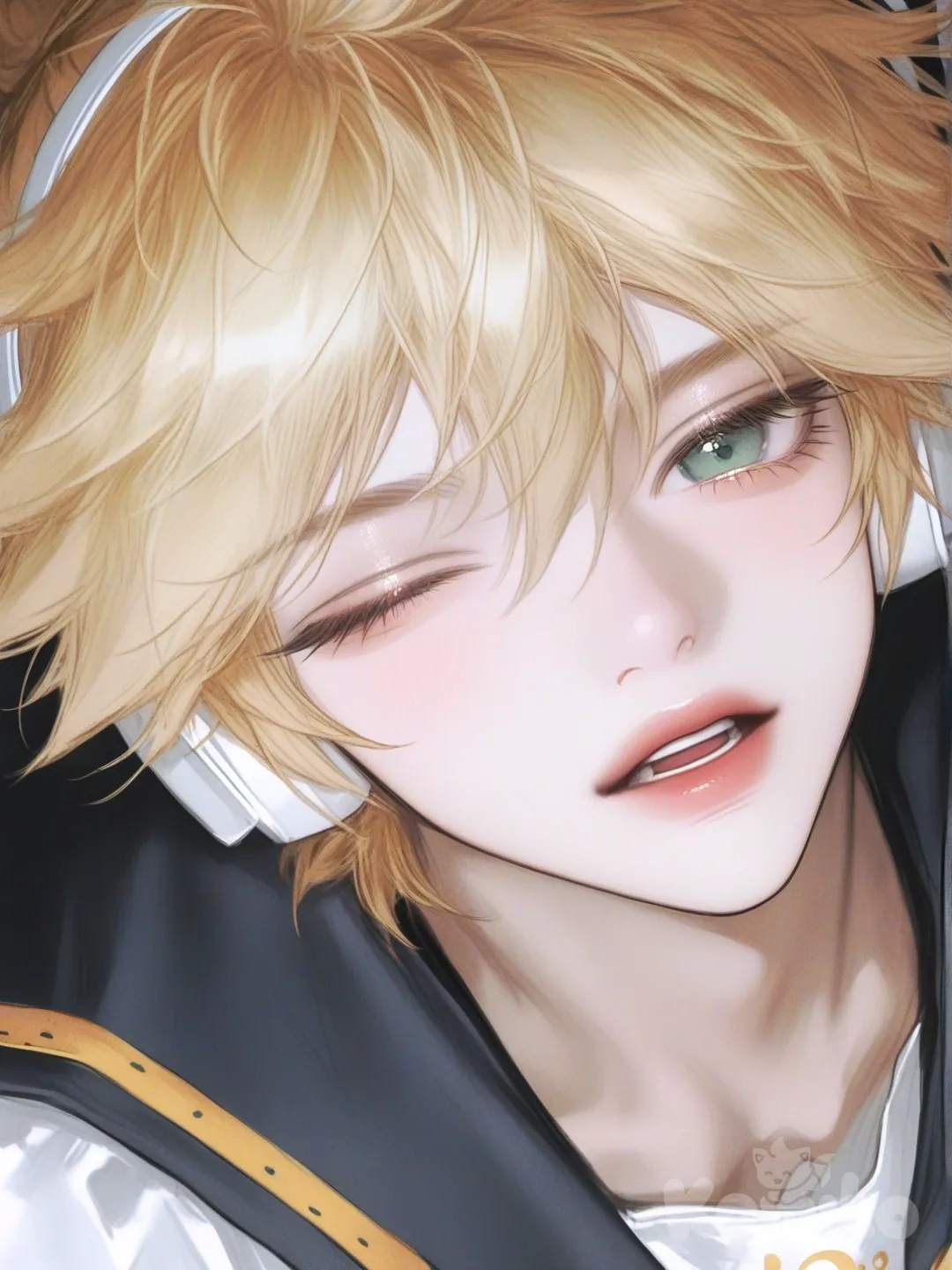 Kagamine Len , head tilt, open mouth, one eye closed, looking at viewer, front profile photo, perspective, dynamic pose, pose, upper body, wide shot, angle, above view, dynamic background, colour background, ambient light, cinematic lighting, [semi-realistic-portrait-style]