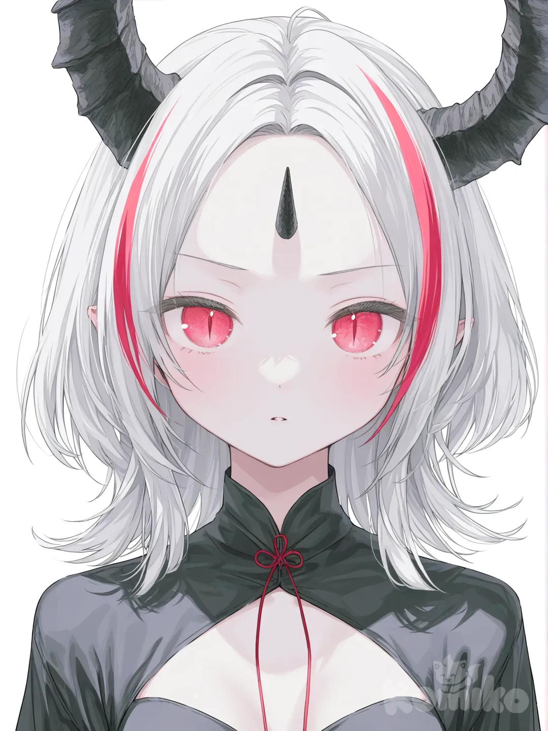 1girl, white hair with red streaks, medium length hair, sharp red eyes, thin pupils, small black dress, medium breasts, one horn on left side of head, on right side of picture. headshot, portrait, closeup, facing viewer, above shoulders shot, front profile photo, white background, straight facing viewpoint, standing stra8ght and facing front, [soft-pastel-style]