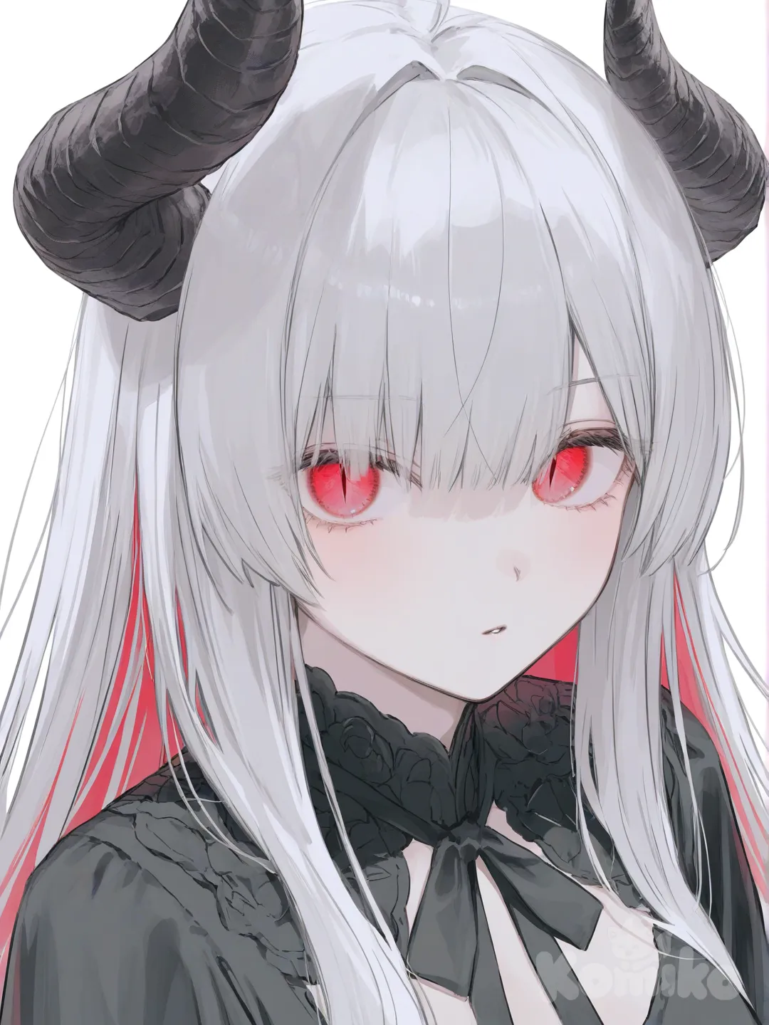 1girl, white hair with red streaks, medium length hair, sharp red eyes, thin pupils, small black dress, medium breasts, one horn on left side of head, on right side of picture. headshot, portrait, closeup, facing viewer, above shoulders shot, front profile photo, white background, straight facing viewpoint, standing stra8ght and facing front, [soft-pastel-style]