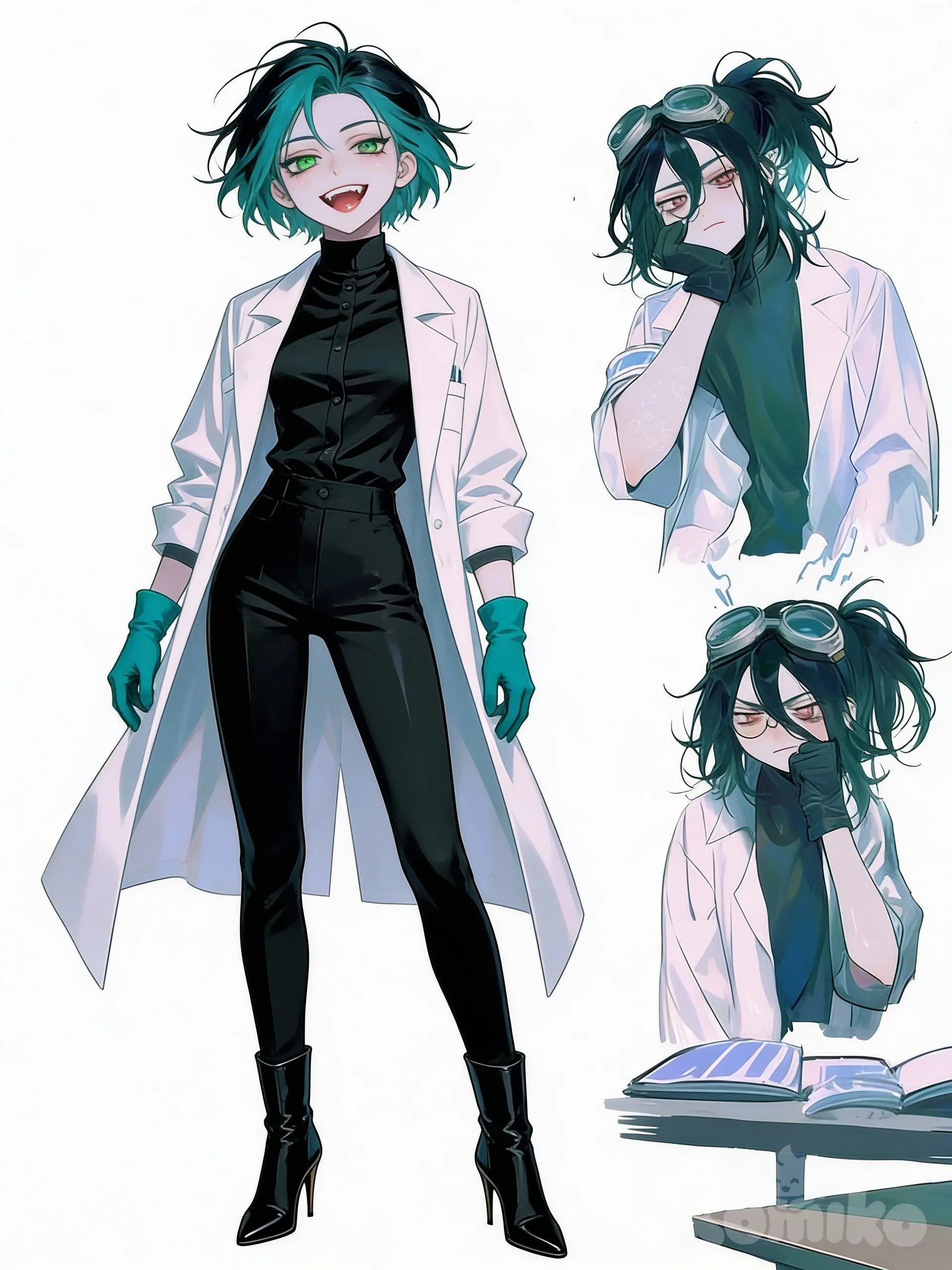 1000011872, messy hair tied back, teal and black colored hair, short hair, sharp green eyes, tired eyes, 1girl, pale skin, wide grin, white lab coat, formal clothes, black turtleneck shirt, teal coloured gloves, black pants, small high heel boots, full body, character sheet layout, profile photo, white background, [semi-realistic-portrait-style]