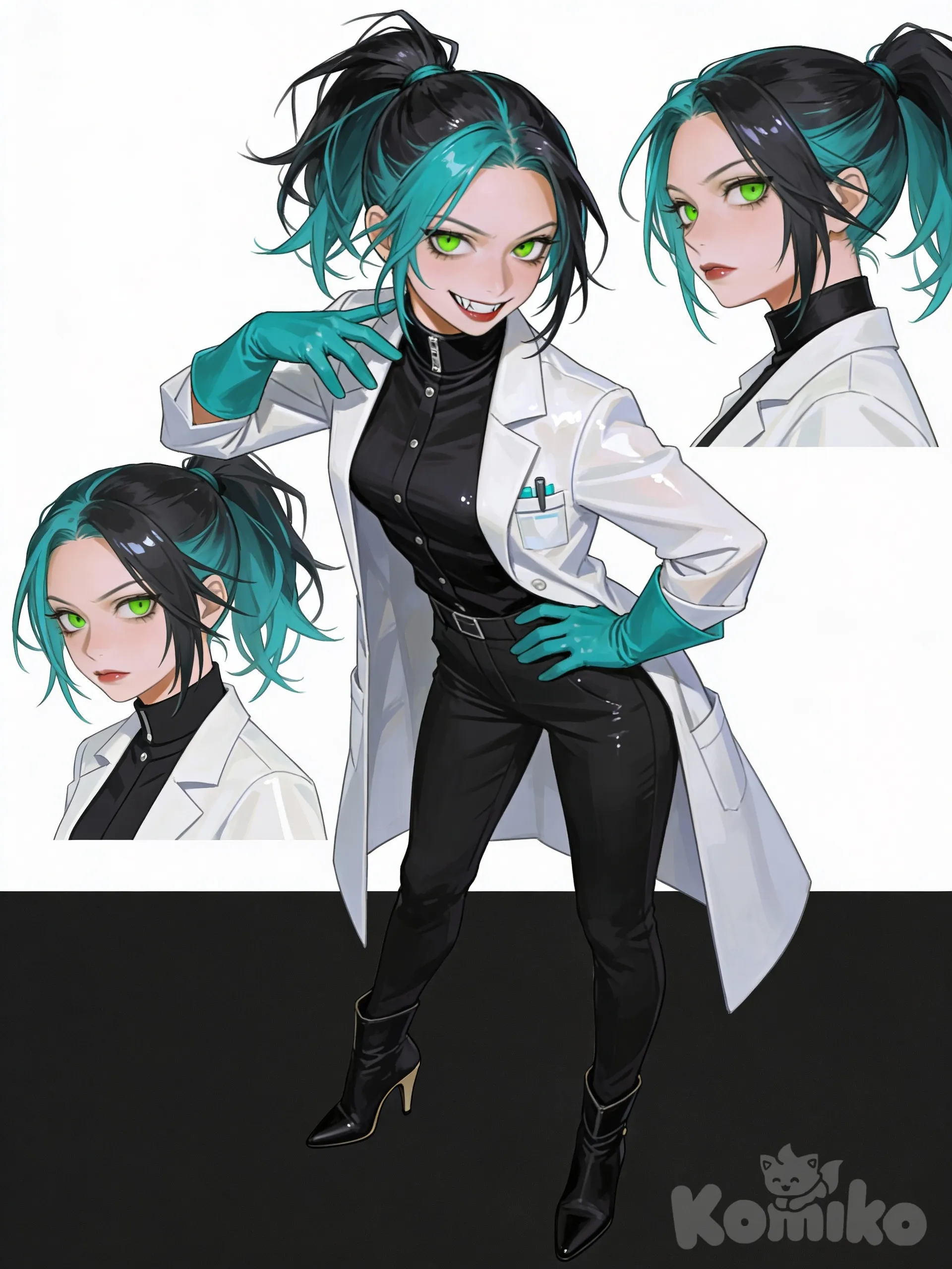 1000011872, mad scientist, messy hair tied back, teal and black colored hair, sharp green eyes, tired eyes, 1girl, pale skin, evil grin, white lab coat, formal clothes, black turtleneck shirt, teal coloured gloves, black pants, small high heel boots, dynamic pose, cool pose, full body, character sheet layout, profile photo, white background, [semi-realistic-portrait-style]