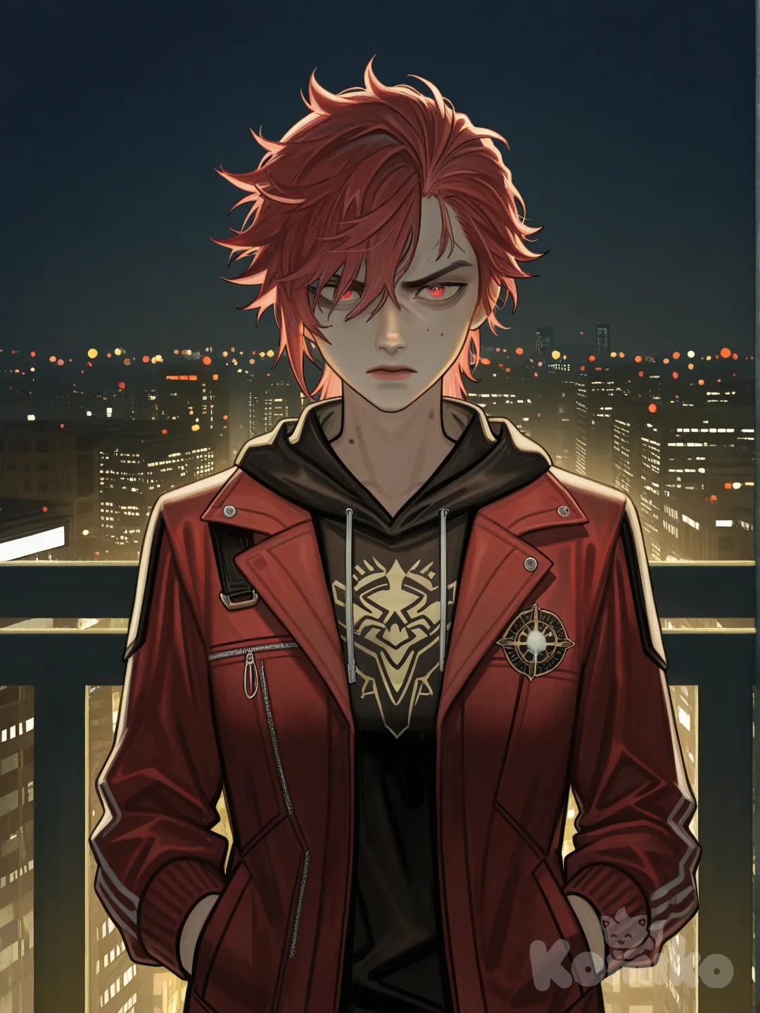 [digital-painterly-style], Arcane Vi, hands in pockets, expressionless, angry, upper body, front profile photo, looking at viewer, ambient light, cinematic lighting, night, city lights, cityscape