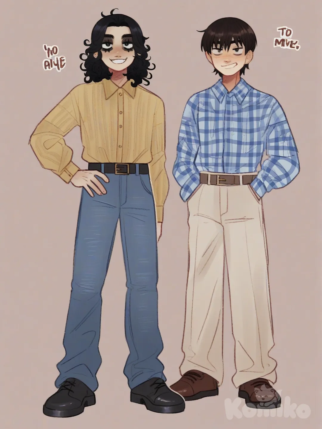 [soft-shaded-moe-style], full body, 2people, first boy with curly shoulder length black hair, longsleeve blue collar shirt, smirking, thin eyes, blue jeans, belt second boy with short brown hair, big eyes, yellow plaid shirt, smiling, beige jeans, belt