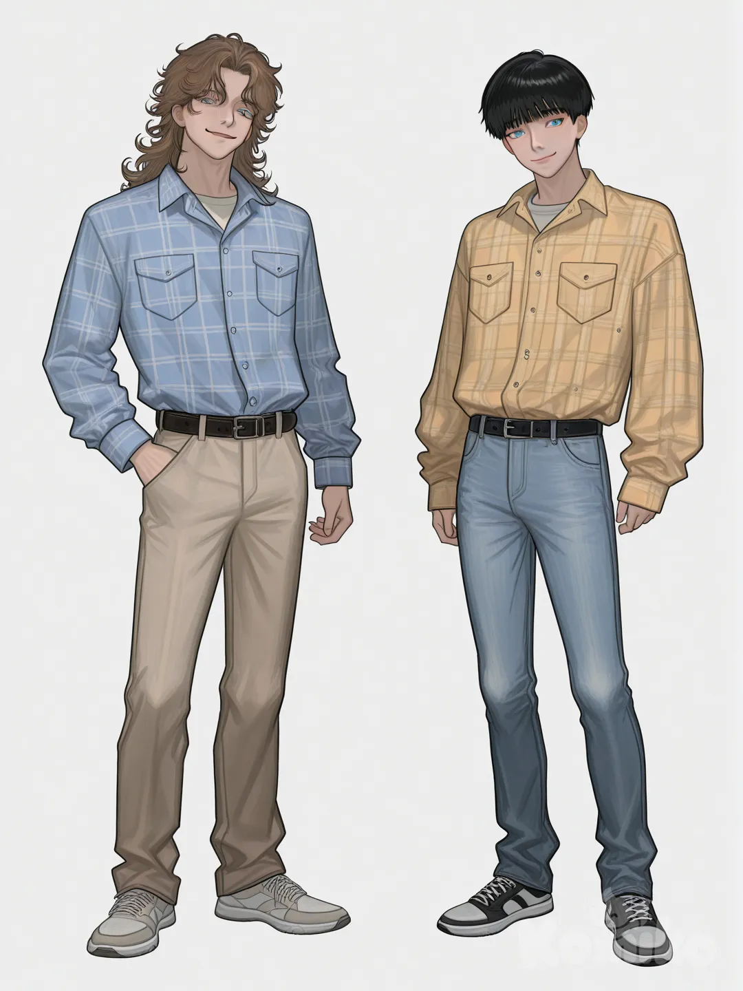 [digital-painterly-style], full body, 2people, first boy with curly shoulder length black hair, curly bangs, 80's mullet, longsleeve blue collar shirt, smirking, blue eyes, blue jeans, belt, second boy with short brown hair, 80's fluffy bowl cut, big eyes, yellow plaid shirt, smiling, beige jeans, belt