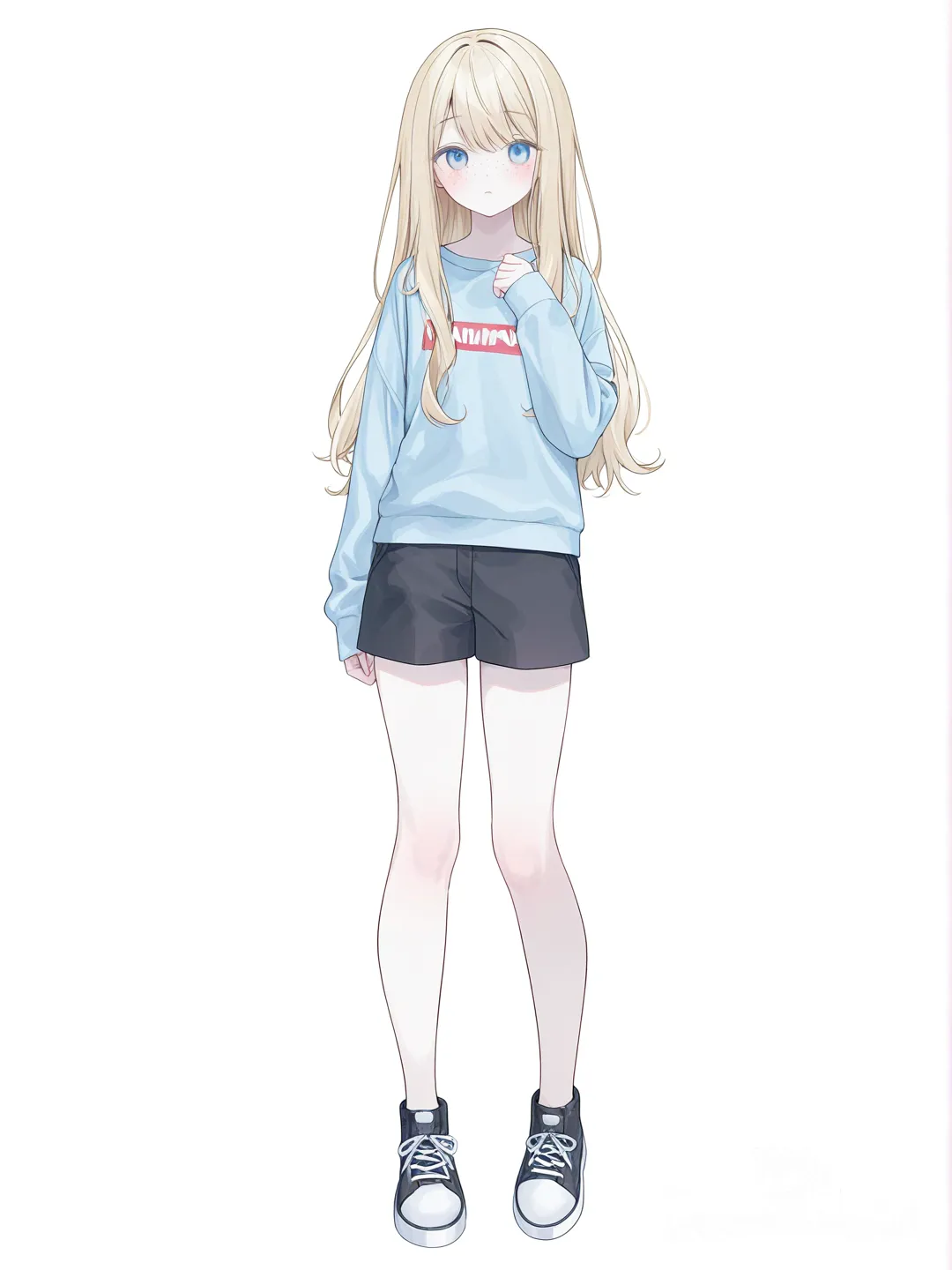 [soft-pastel-style] 1girl, pale skin, freckles, blonde hair, long hair, blue eyes, teenager, athletic, slayer style, anime coloring, single character, full body, looking at viewer, anime style, simple background, white background