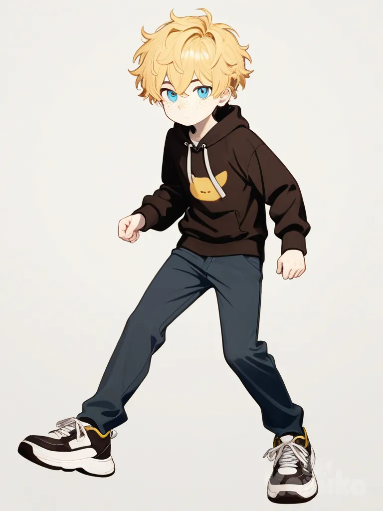 1boy, vampire, teenager, tall, blonde hair, frizzy hair, blue eyes, pale skin, freckles, dimple, single character, full body, looking at viewer, anime style, simple background, white background