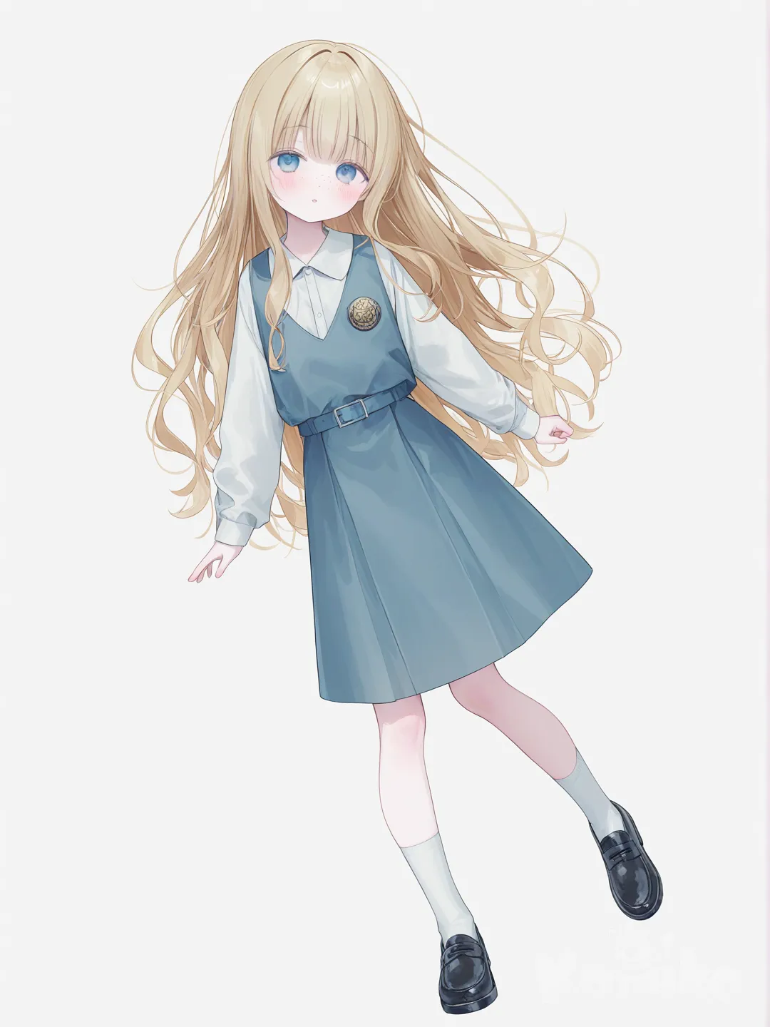 [soft-pastel-style] 1girl, pale_skin, freckles, blue_eyes, long_hair, blonde_hair, tall, teenager, single character, full body, looking at viewer, anime style, simple background, white background